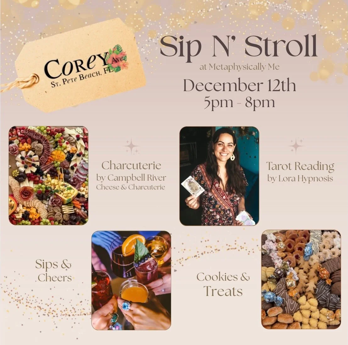 Sip, Shop &amp; Stroll with us on Corey Ave! 💫
Enjoy holiday shopping, live music, Christmas carolers, and local cheer!
🔮 Tarot readings by @lorahypnosis 
🧀 Charcuterie board by @campbellrivercheese 
🍪 Sweet treats &amp; sips to enjoy along the w