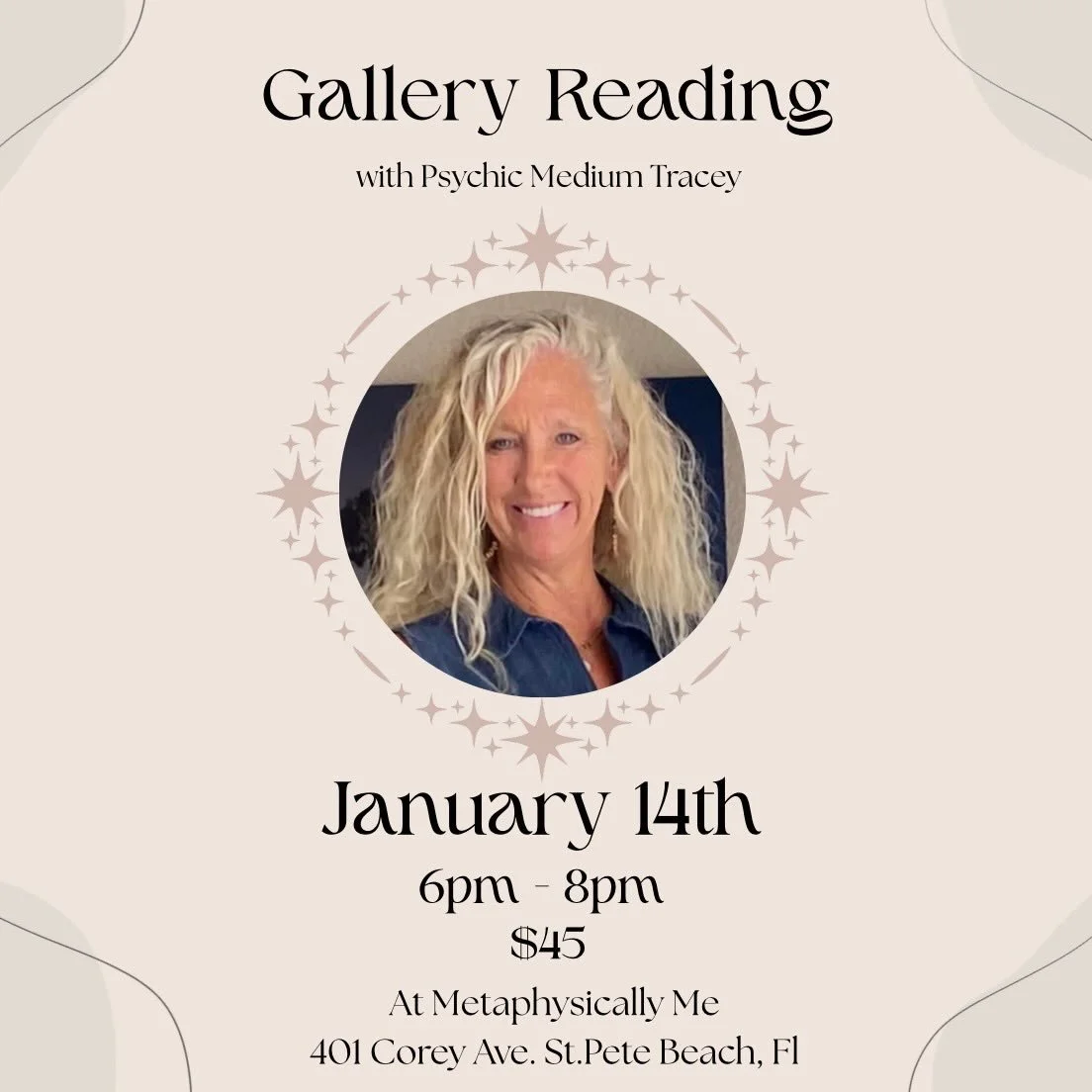 Step into a sacred space of connection ✨
Join us for a Gallery Reading with Psychic Medium Tracey, an evening where messages from spirit are shared in a collective setting&mdash;offering comfort, clarity, and affirmation exactly as they&rsquo;re mean