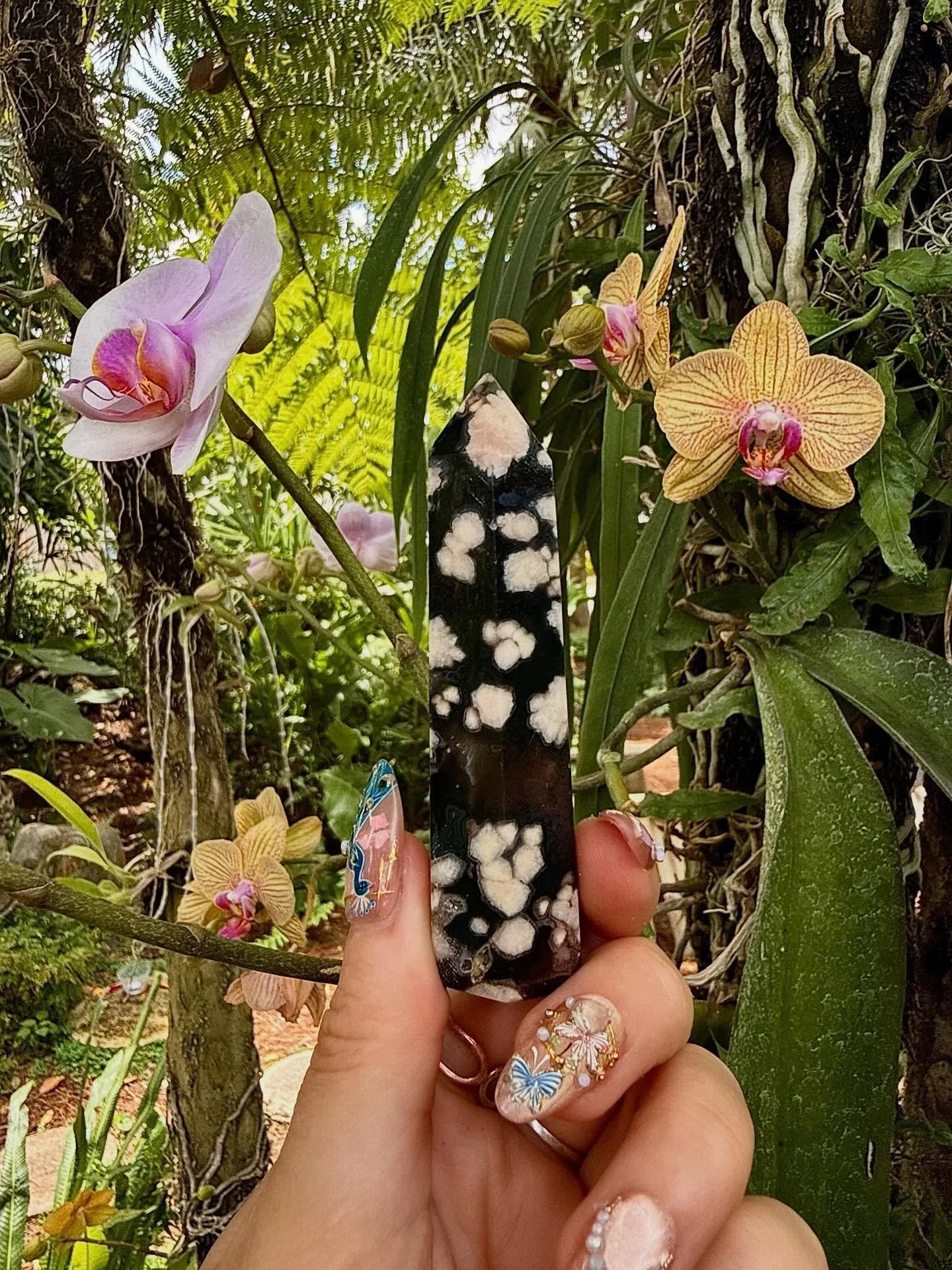 Black Flower Agate 🖤🌸
Despite its name, flower agate is not a true agate variety but a form of chalcedony with plume-like inclusions that bloom into soft, petal-shaped formations over time. Each &ldquo;flower&rdquo; is naturally formed, making ever