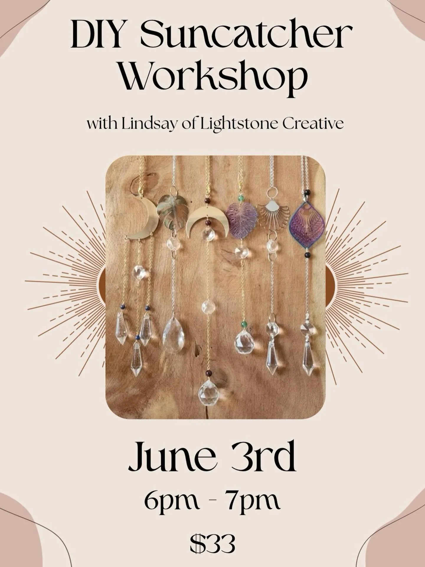 Grab a friend and join us for an evening of creativity ✨
We&rsquo;ll be making custom crystal suncatchers with Lindsay of Lightstone Creative &mdash; the perfect handmade piece to brighten your home.