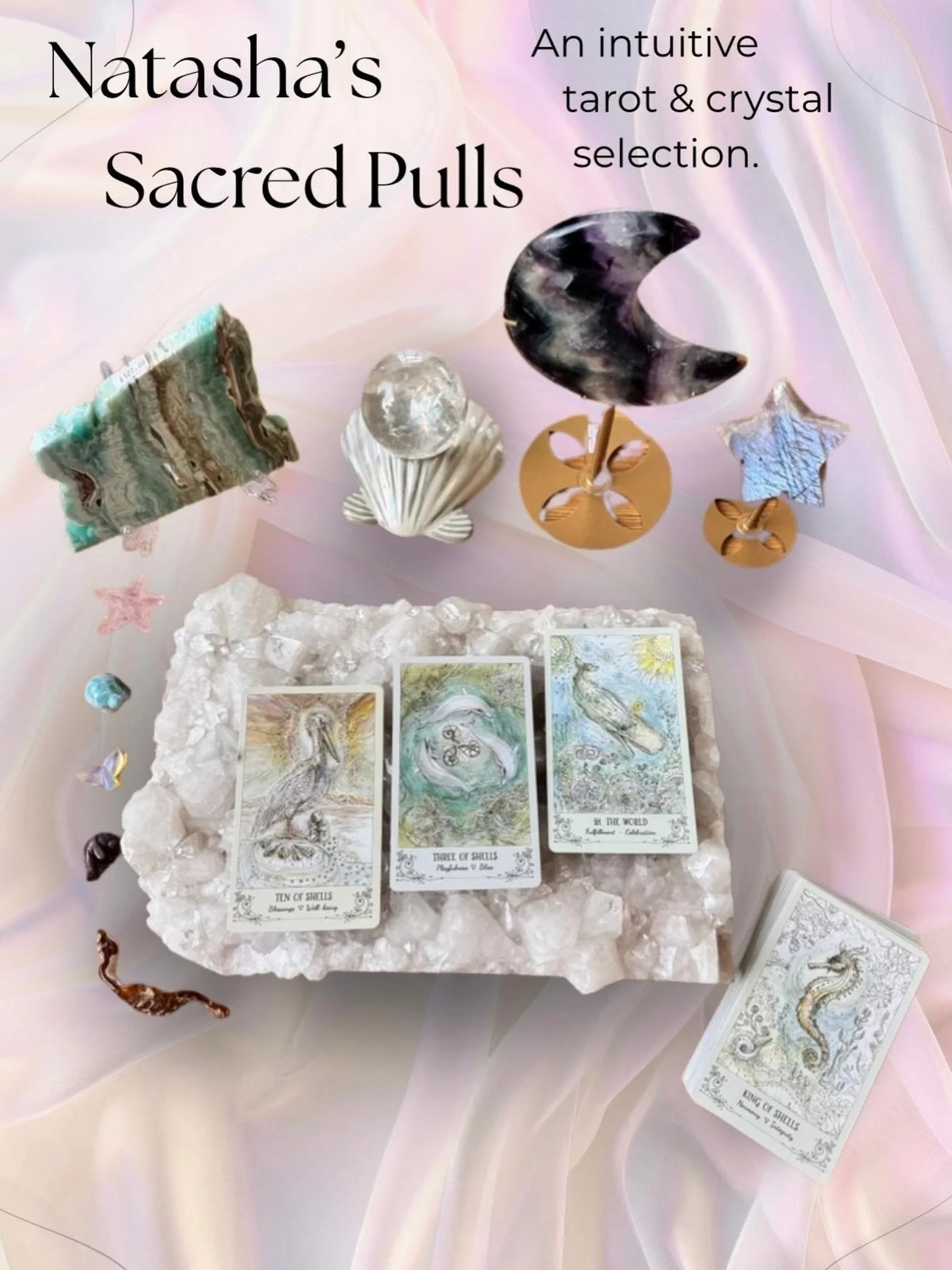 🌙🐚✨ Ten of Shells &bull; Three of Shells &bull; The World
Bottom of deck: King of Shells

Collective message:
You do not have to earn the tide.

This spread felt like a reminder that abundance is not something we unlock after suffering enough or pr
