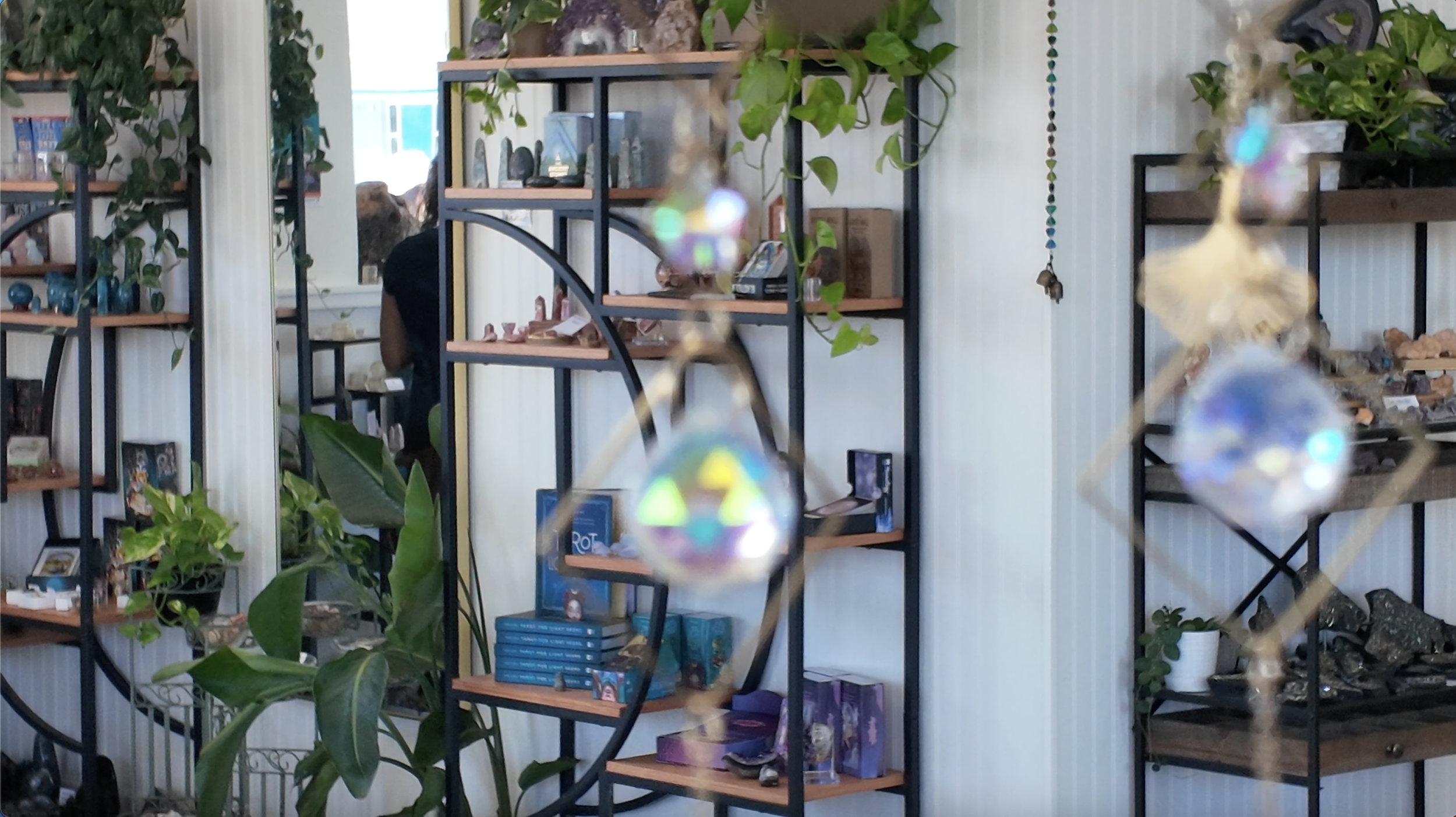 Interior of a room with shelves displaying crystals, plants, and decorative items, with a person seated facing away near a window.