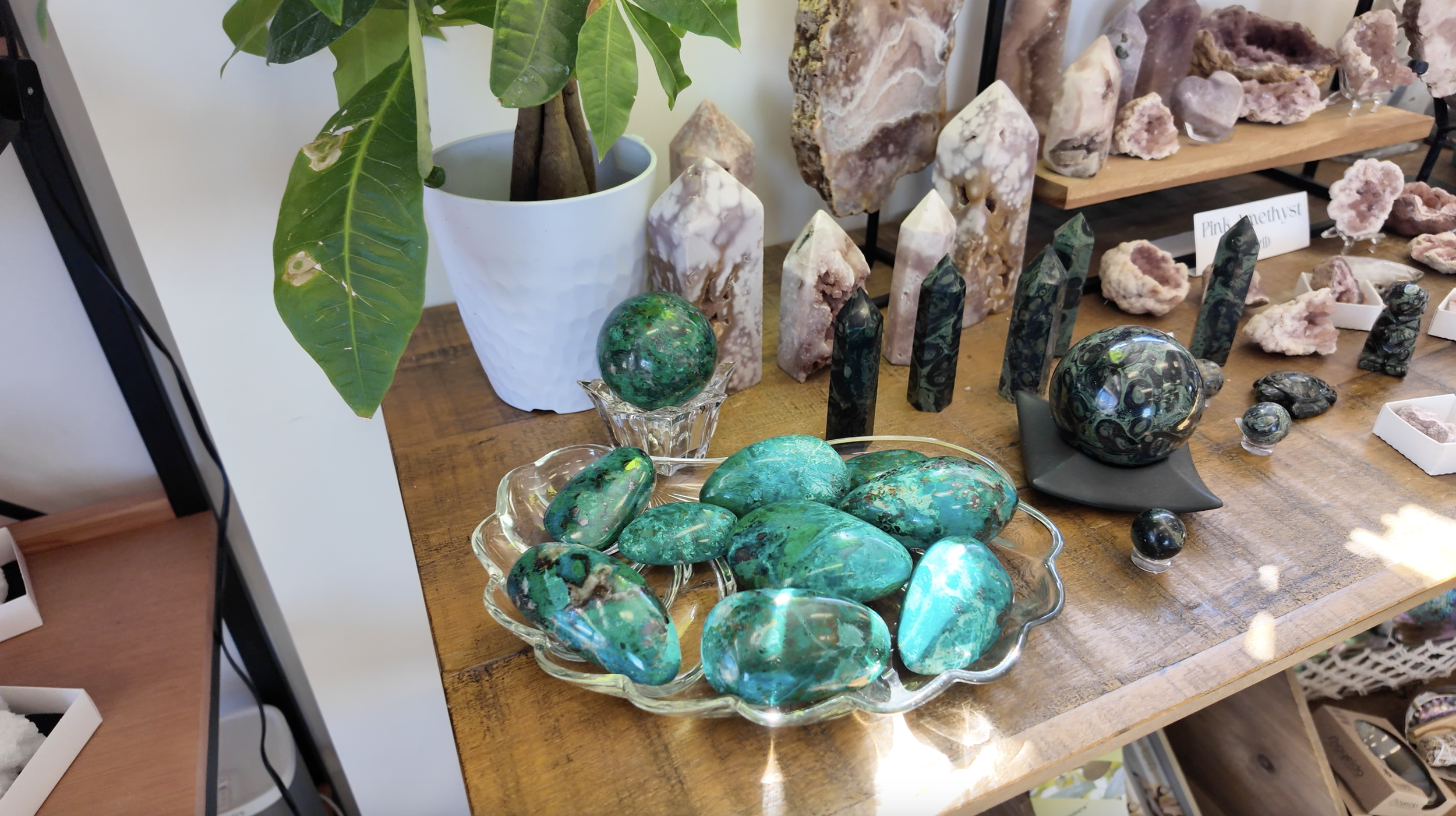 Display of various mineral and gemstone specimens on a wooden table, including green stones, crystals, and polished stones, with a potted green plant in the background.
