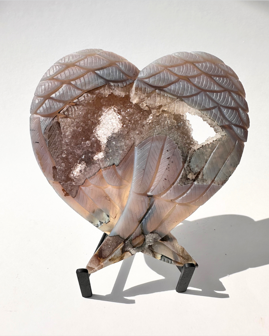 Hand-Carved Druzy Agate Heart with Stand