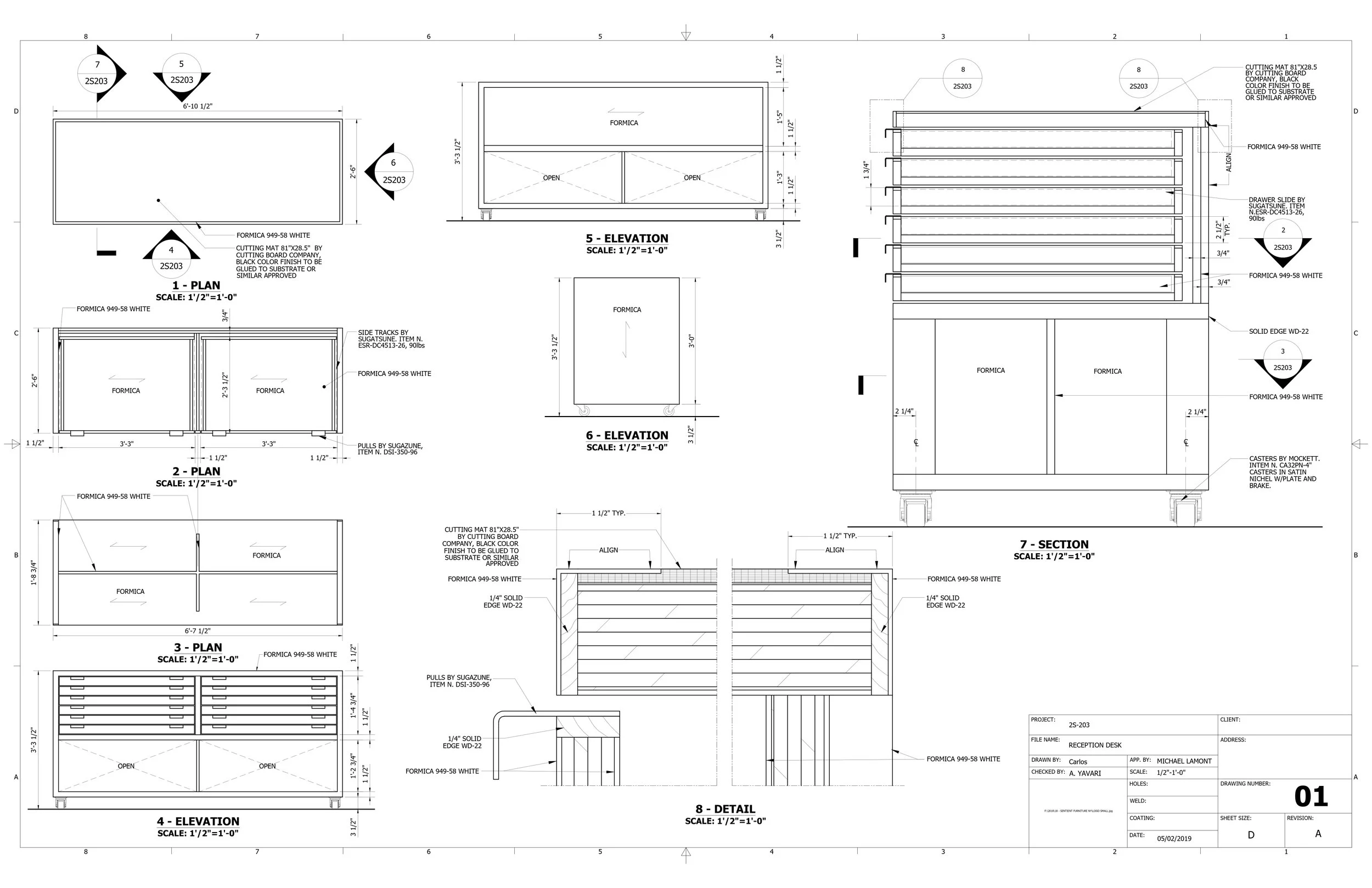 Technical drawing of reception desk with plans, elevations, sections, and details, including measurements and material specifications.