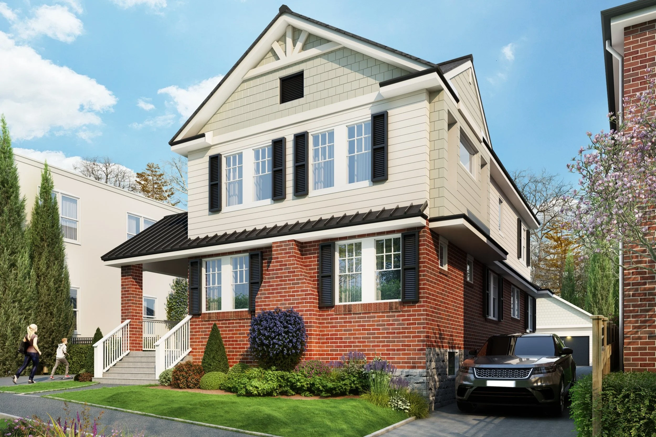 A two-story house with a brick foundation and beige upper siding, black window shutters, a black roof, a front yard with green grass, shrubs, and purple flowers, a black car parked in the driveway, and two children walking on the sidewalk in a reside