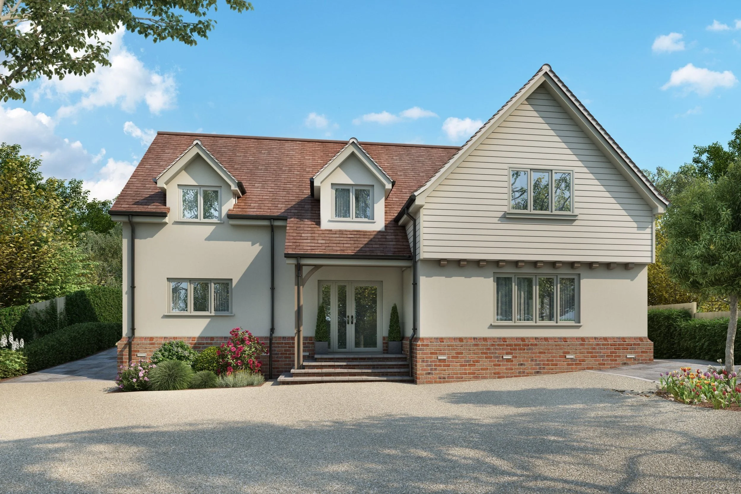 A two-story house with beige siding, brick foundation, and a brown shingled roof, surrounded by trees and a gravel driveway.