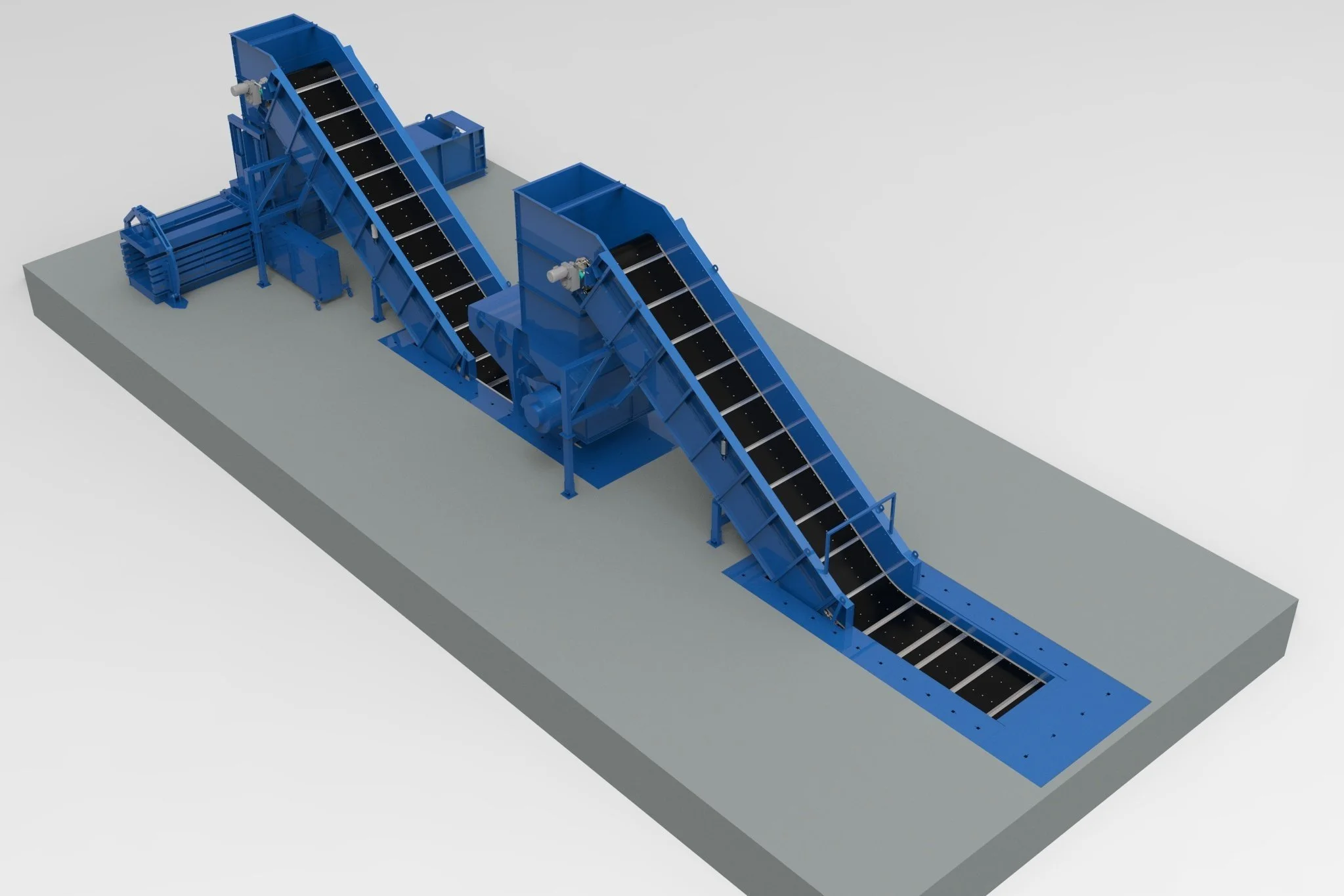 A computer-generated model of a blue industrial conveyor system with multiple sections, including a ladder, on a flat gray base.