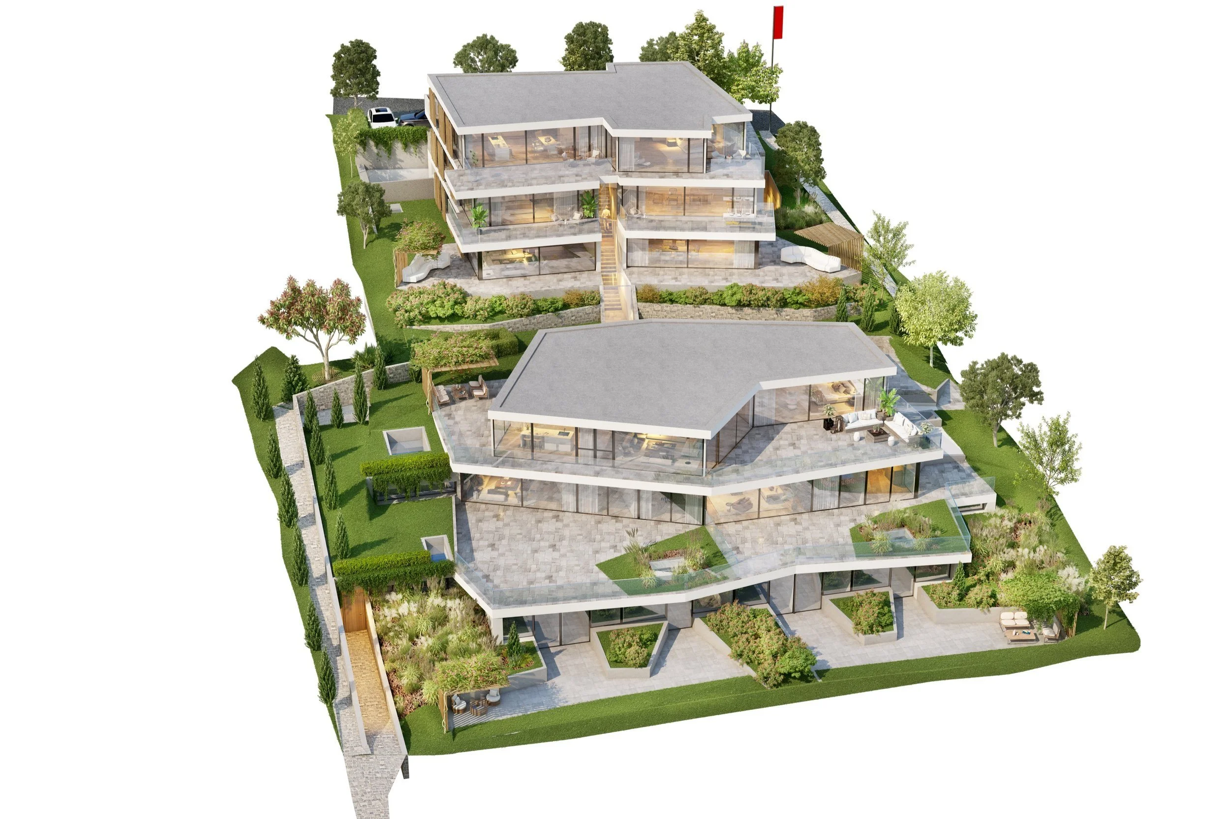 A modern multi-story residential building with large glass windows, surrounded by landscaped gardens and outdoor patios.