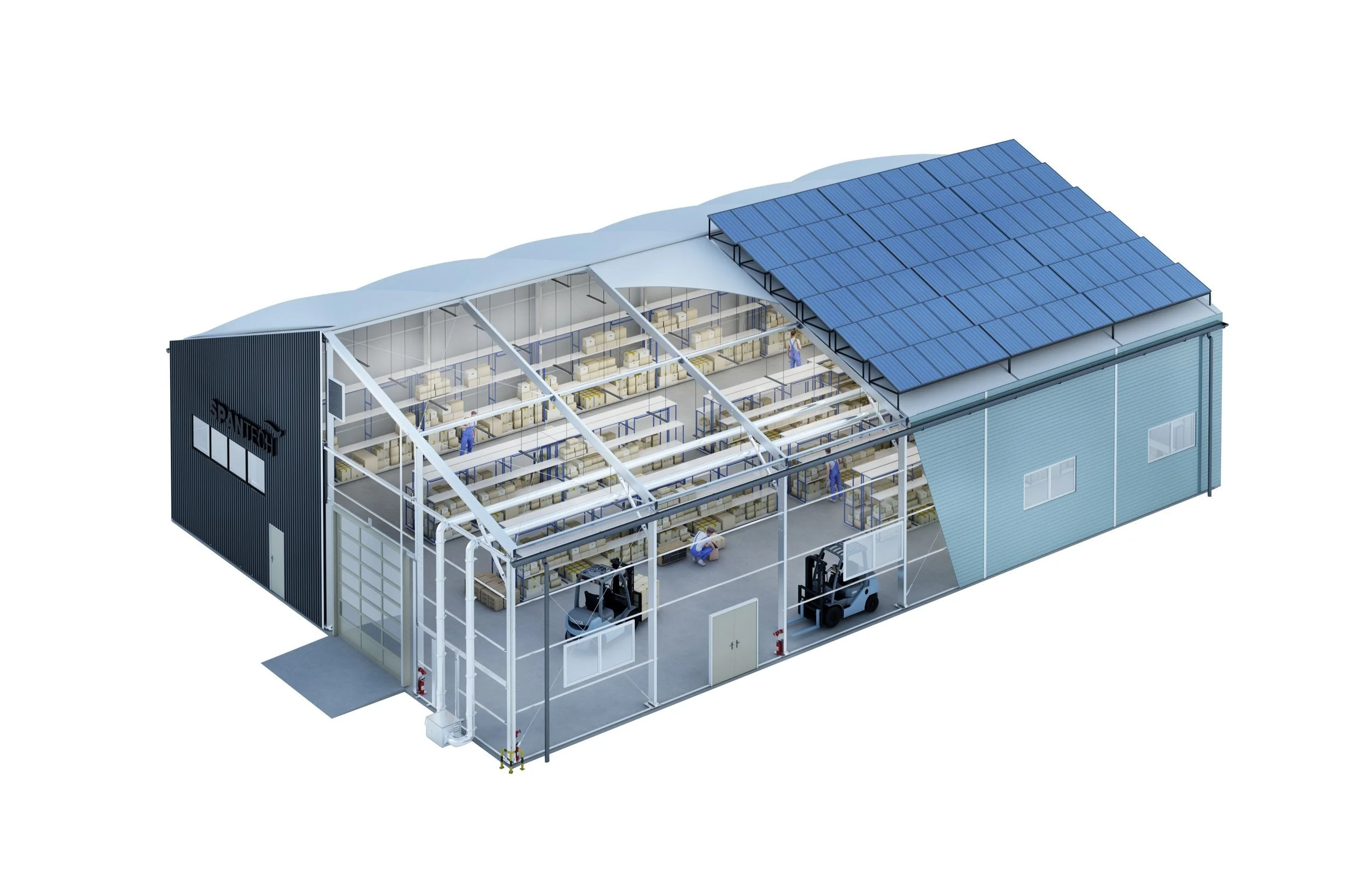Cross-section view of a warehouse with solar panels on the roof, shelving units with boxes, and workers operating equipment inside.