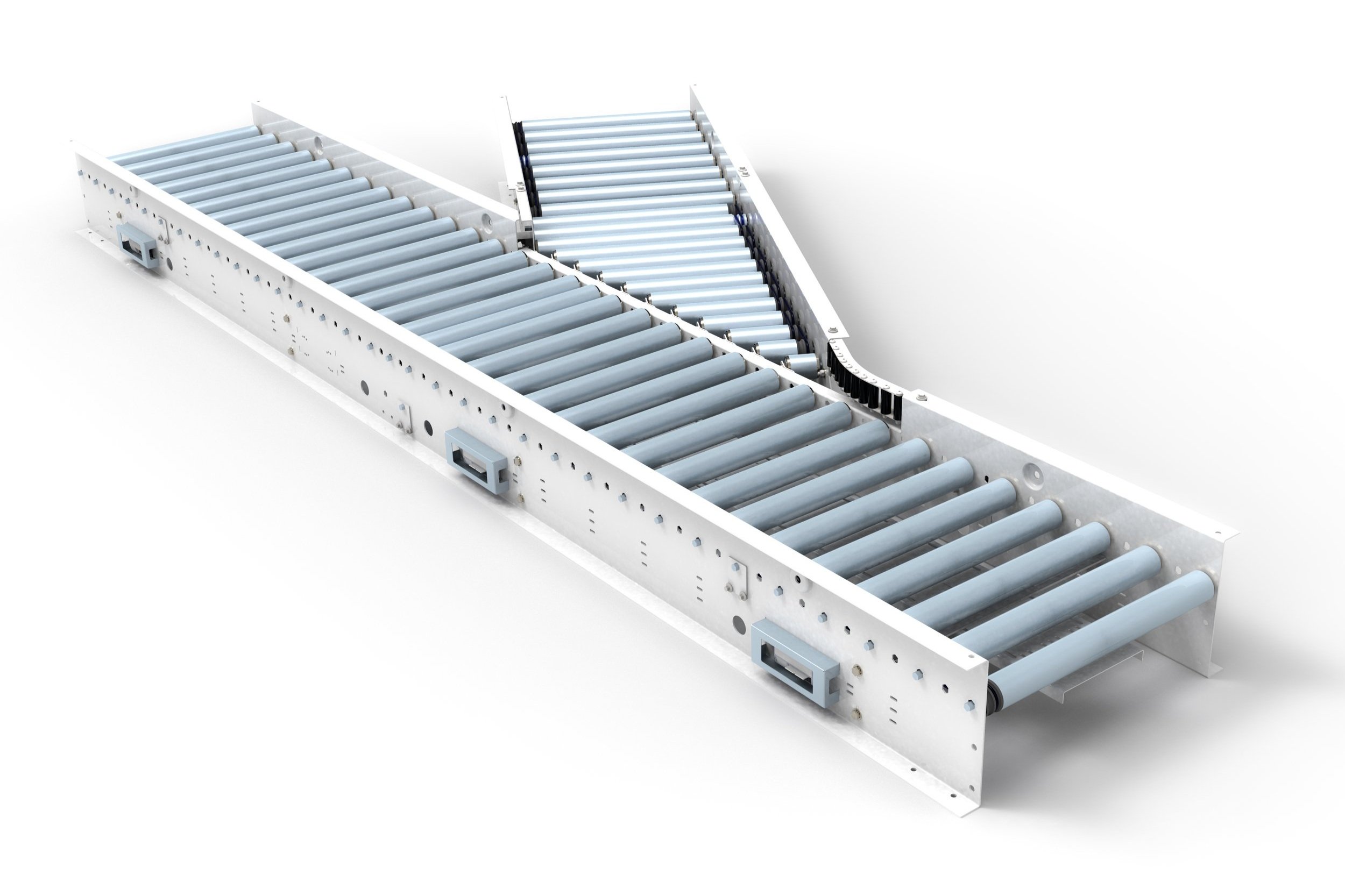 A conveyor system with rollers, likely used for moving goods or packages in a warehouse or manufacturing setting.