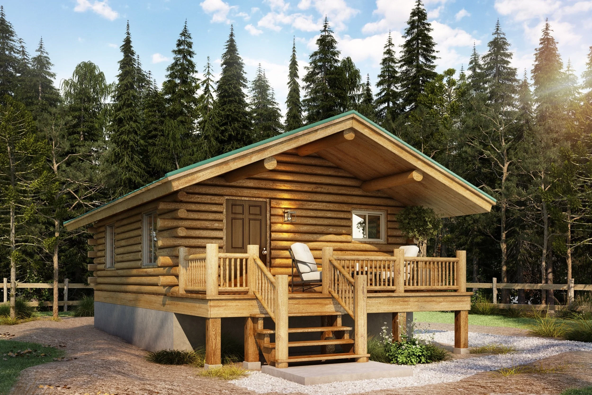 A cozy log cabin surrounded by tall pine trees with a small front porch, two chairs, and steps leading up to the entrance, under a partly cloudy blue sky.