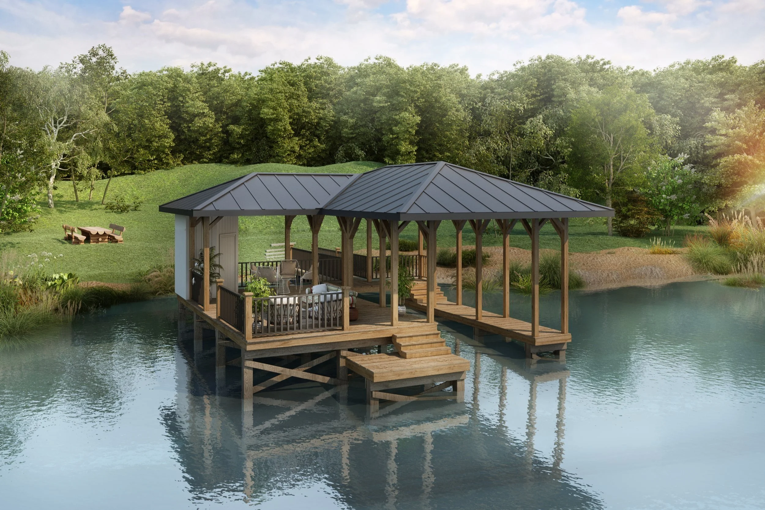 A lakeside gazebo with a metal roof, wooden structure, and outdoor furniture, situated on a dock extending over calm water, surrounded by lush green trees and landscape.