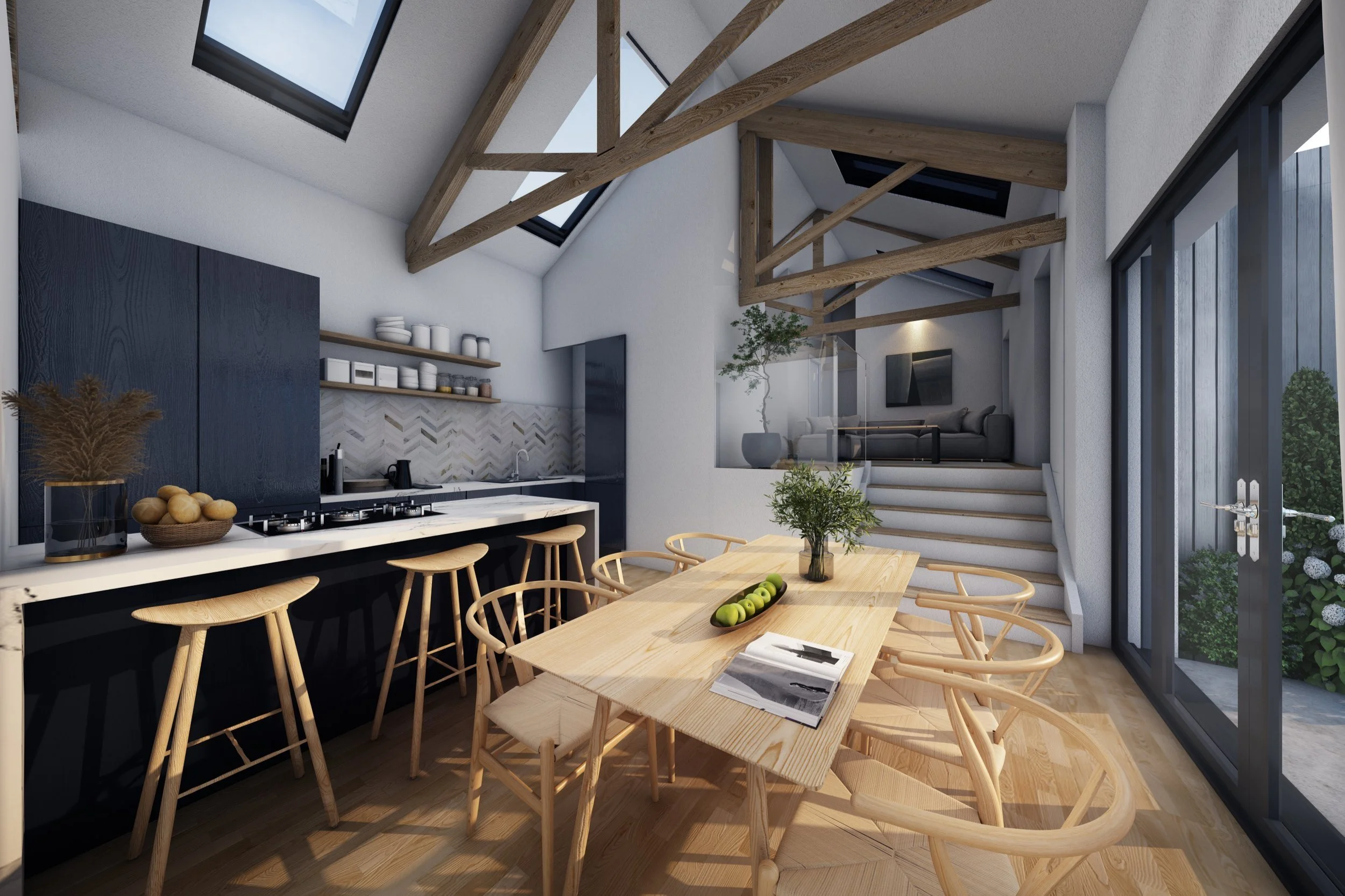 Open-concept kitchen and dining area with a wooden table and chairs, black kitchen cabinets, open shelves with white dishes, large sliding glass door, exposed wooden beams in the ceiling, skylights, and a living room on an elevated level with a gray 