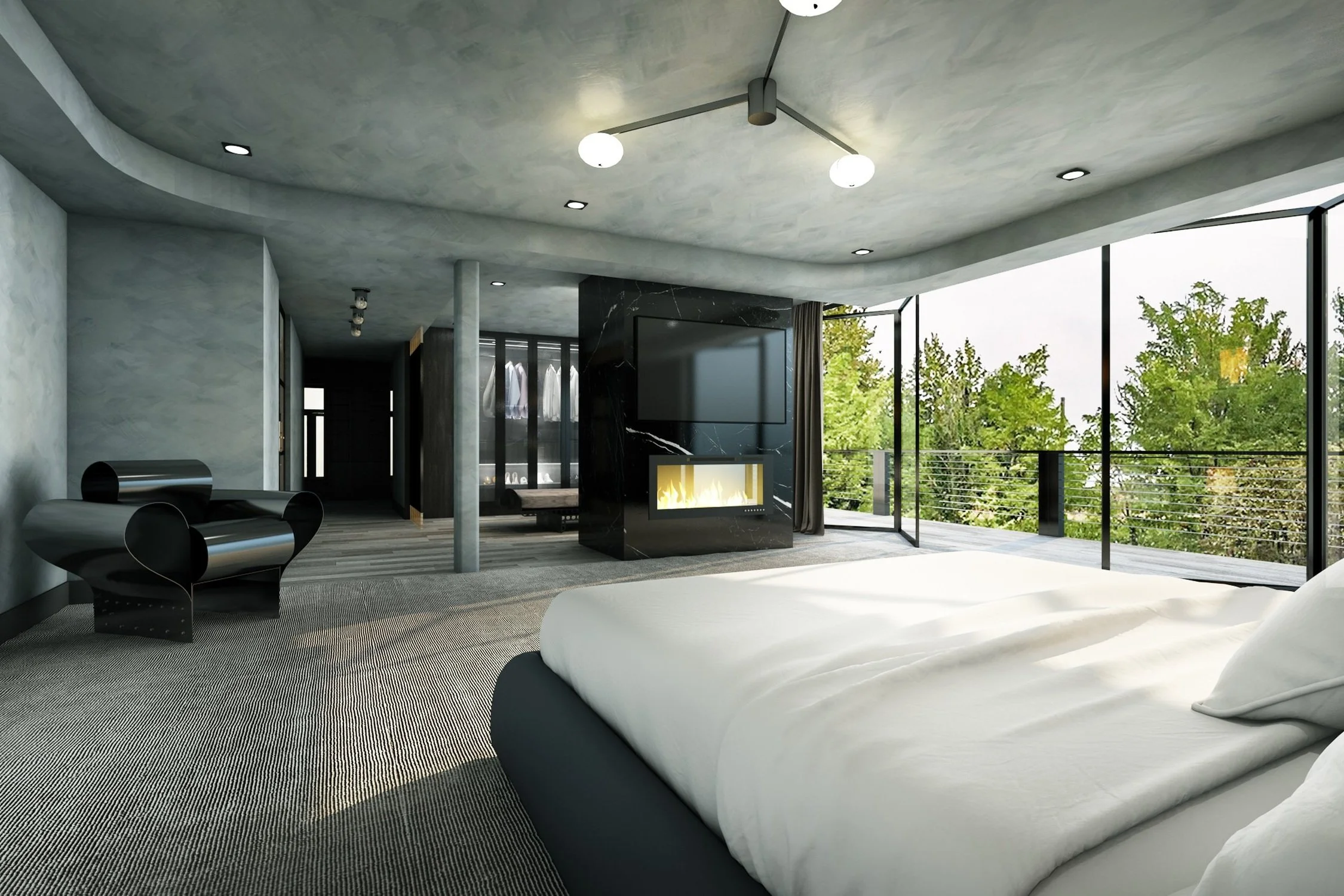 Modern bedroom with large windows, black marble fireplace, flat-screen TV, and minimalist furniture.