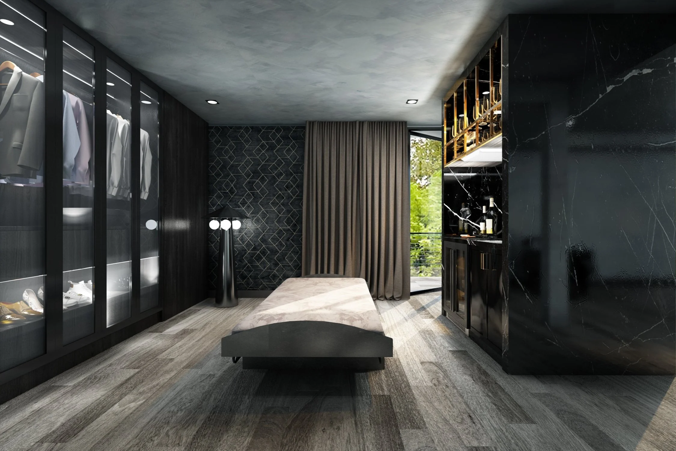 Modern walk-in closet with black glass display cabinets, a black marble wall, and a window with green trees outside. Contains a marble bench and a floor lamp with multiple lights.