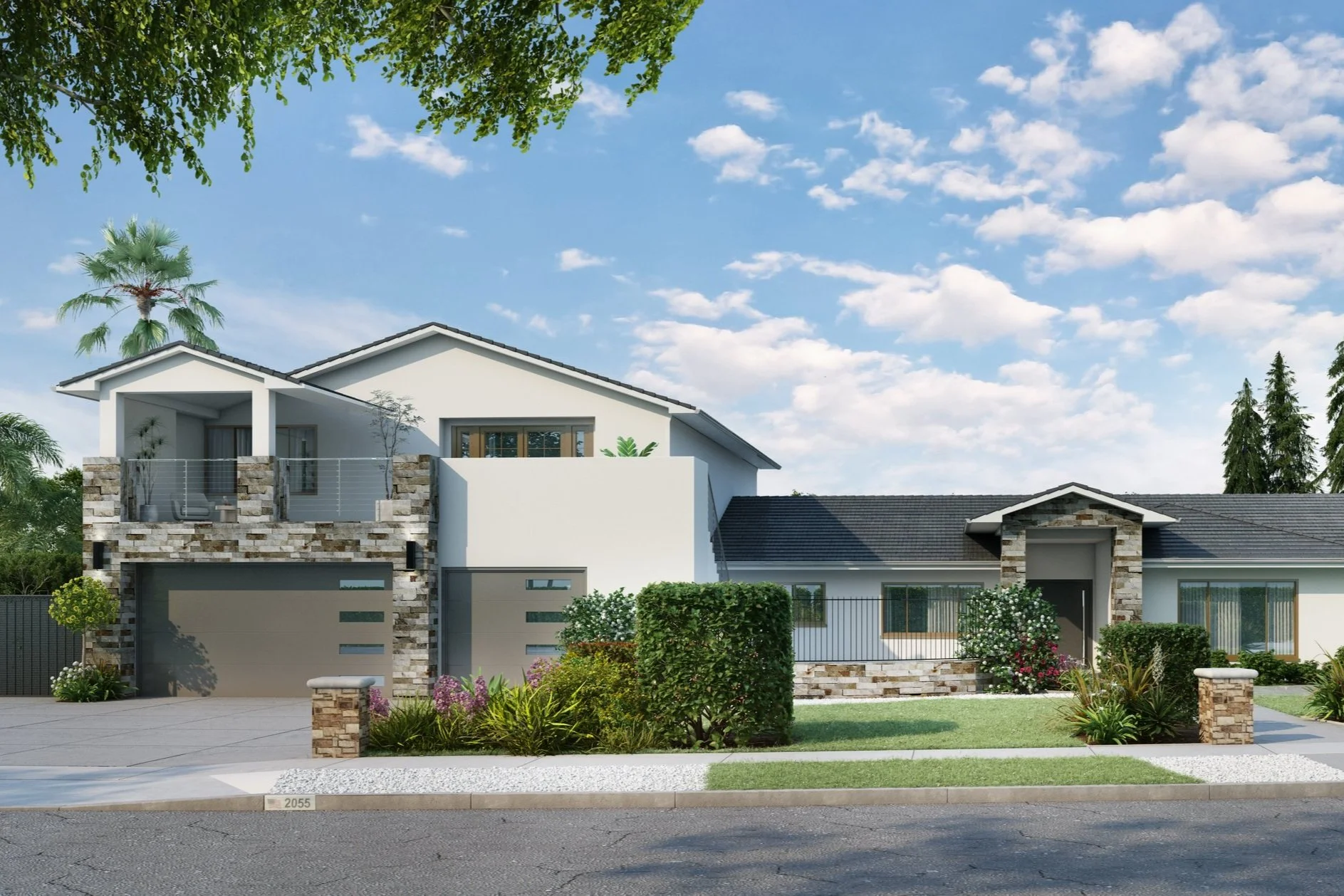 Modern two-story house with stone accents, a balcony, and a well-maintained front yard featuring bushes, trees, and a lawn, under a blue sky with clouds.