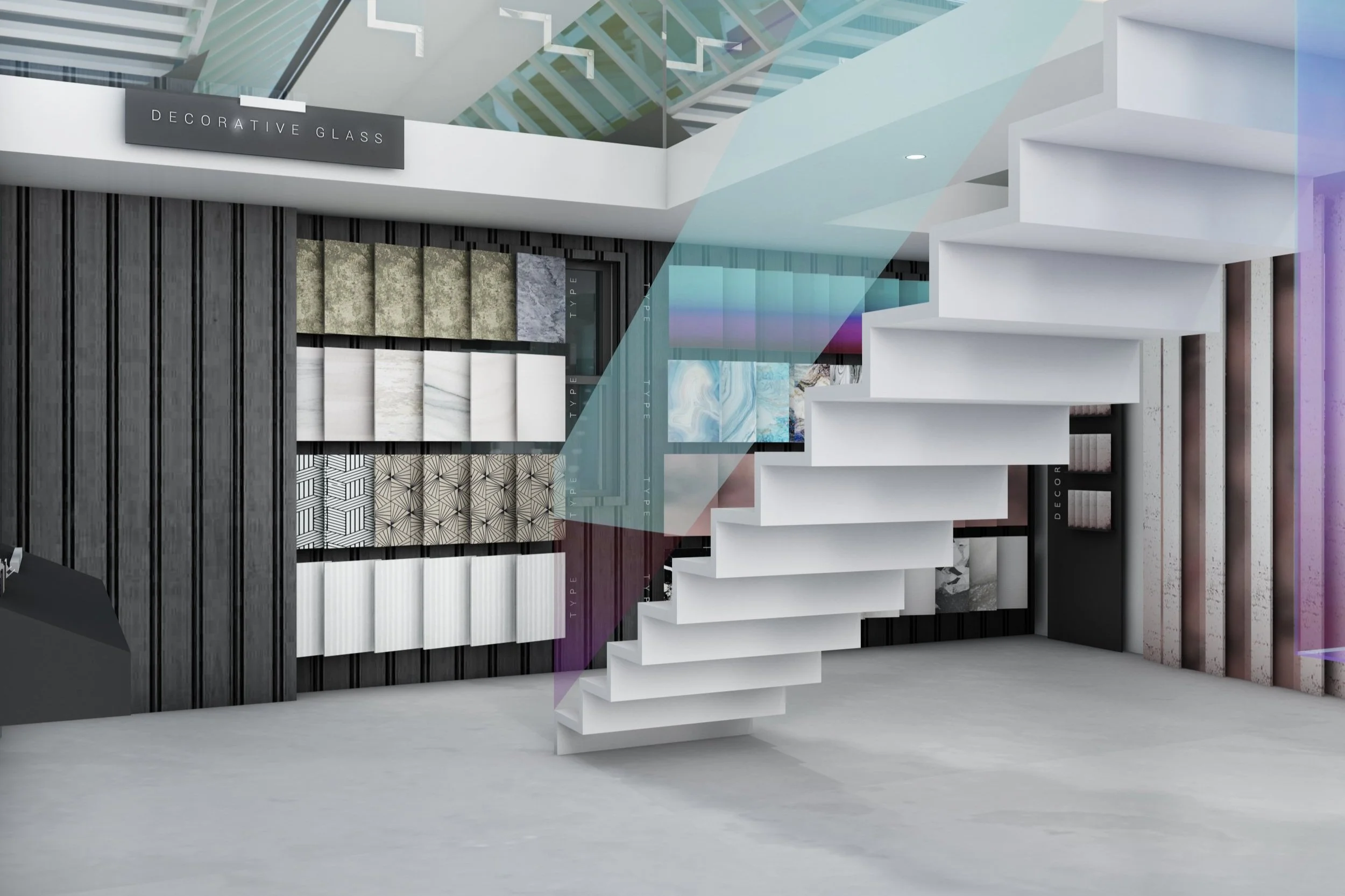 Interior of a modern showroom with a white staircase, display panels with various textured materials, a sign reading 'Decorative Glass', and colorful panels on the wall.