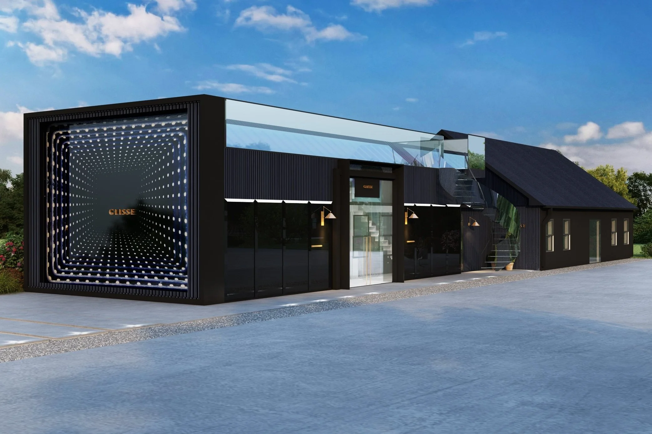Modern black building with large LED display and glass staircase outside, surrounded by greenery and a clear blue sky.