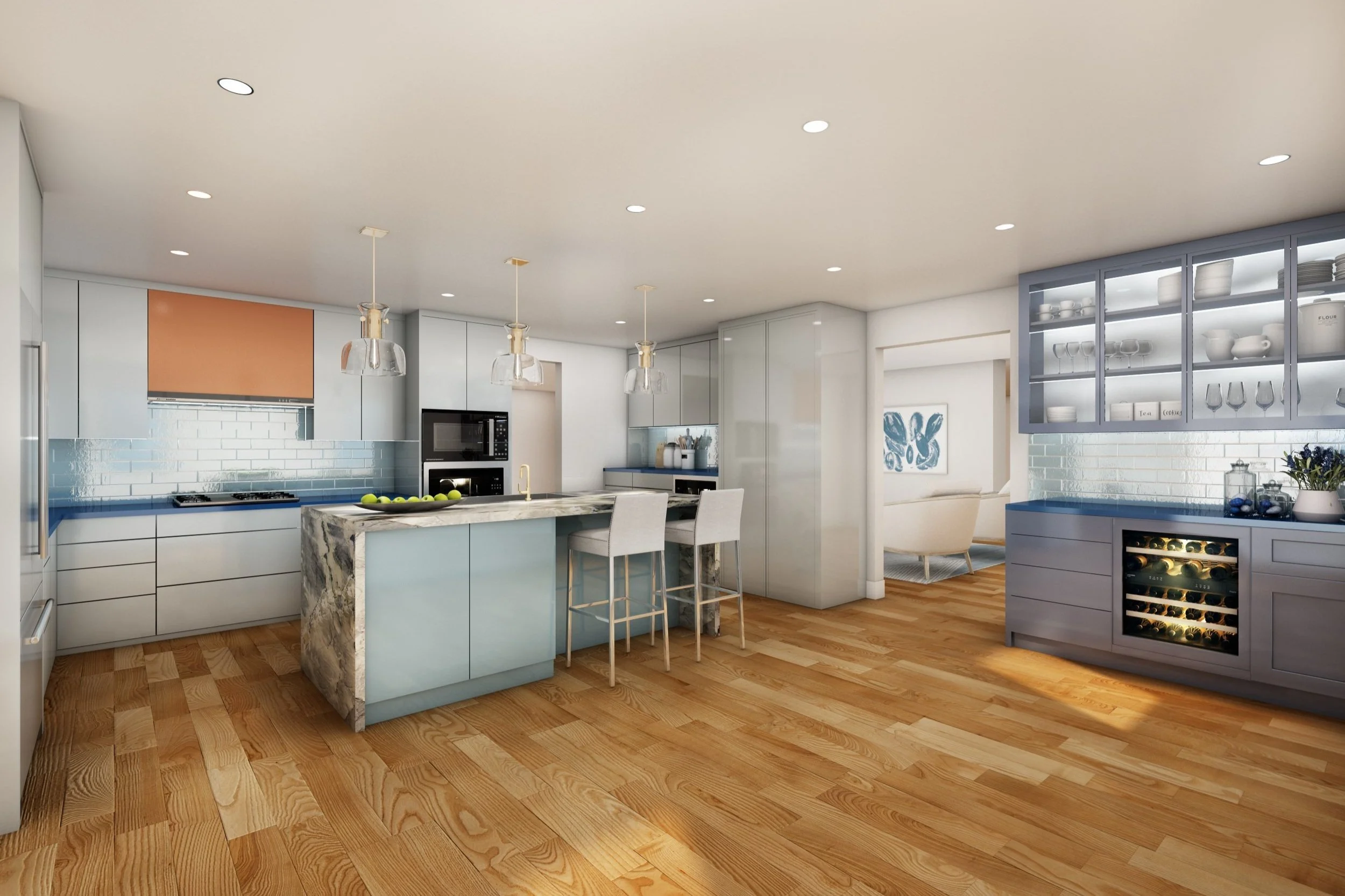Modern kitchen with light blue cabinets, marble island, white countertops, wooden floors, and a glass-front wine fridge. Open doorway leads to a sitting area with a white sofa and abstract wall art.