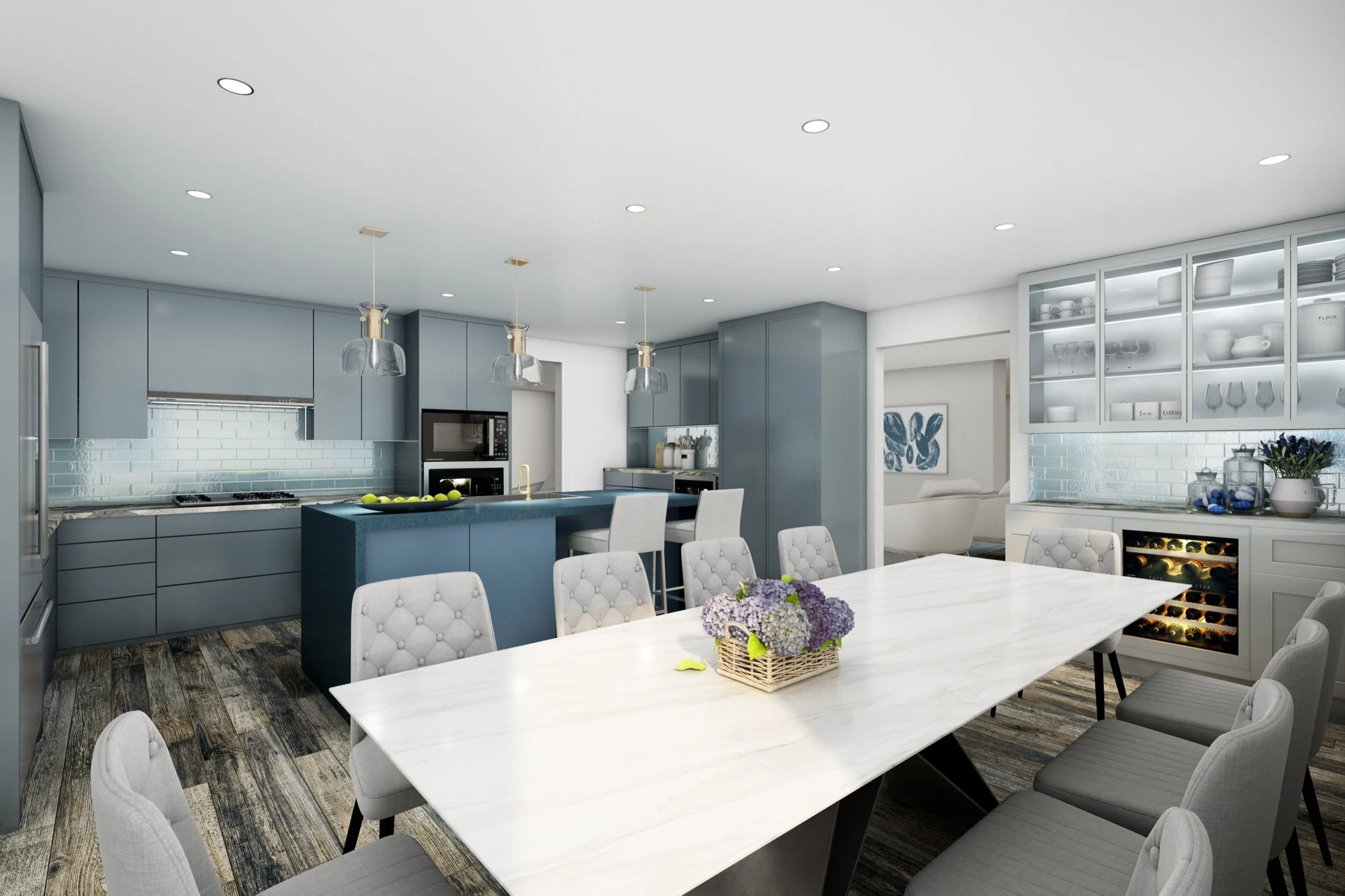 Modern kitchen with blue cabinetry, white walls, a white dining table with chairs, and a wine cooler with flowers on the table.