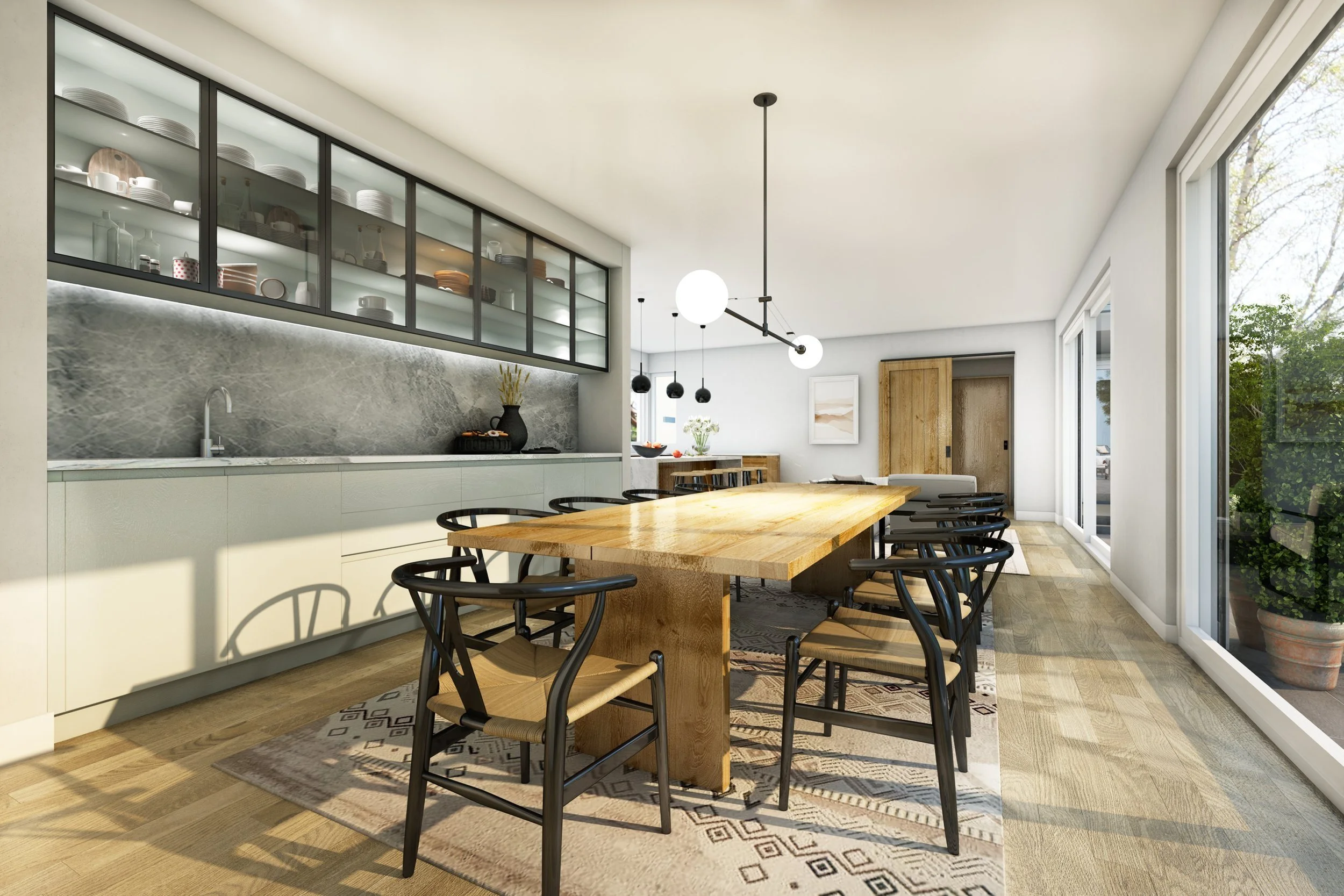 Modern dining area with a large wooden table, black chairs, large windows, and minimal decor.