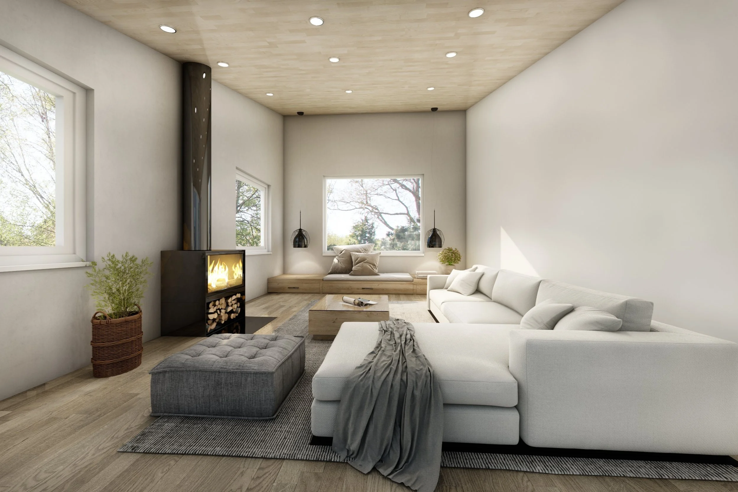 Modern living room with white sectional sofa, gray ottoman, wooden flooring, a fireplace with fire, potted plant, large windows, and a built-in window seat with cushions.