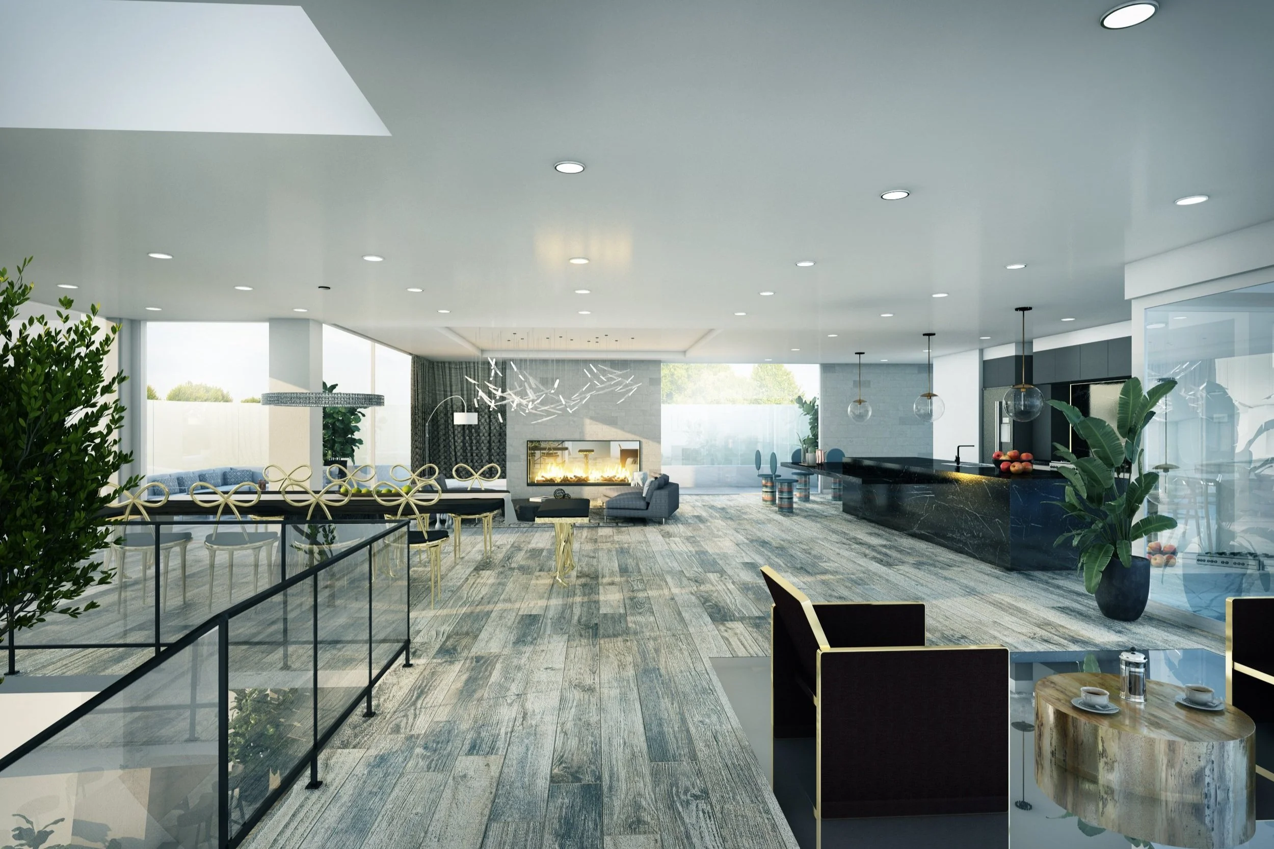Modern hotel lobby with seating area, fireplace, glass doors, and large windows, featuring contemporary decor and a checkered floor.