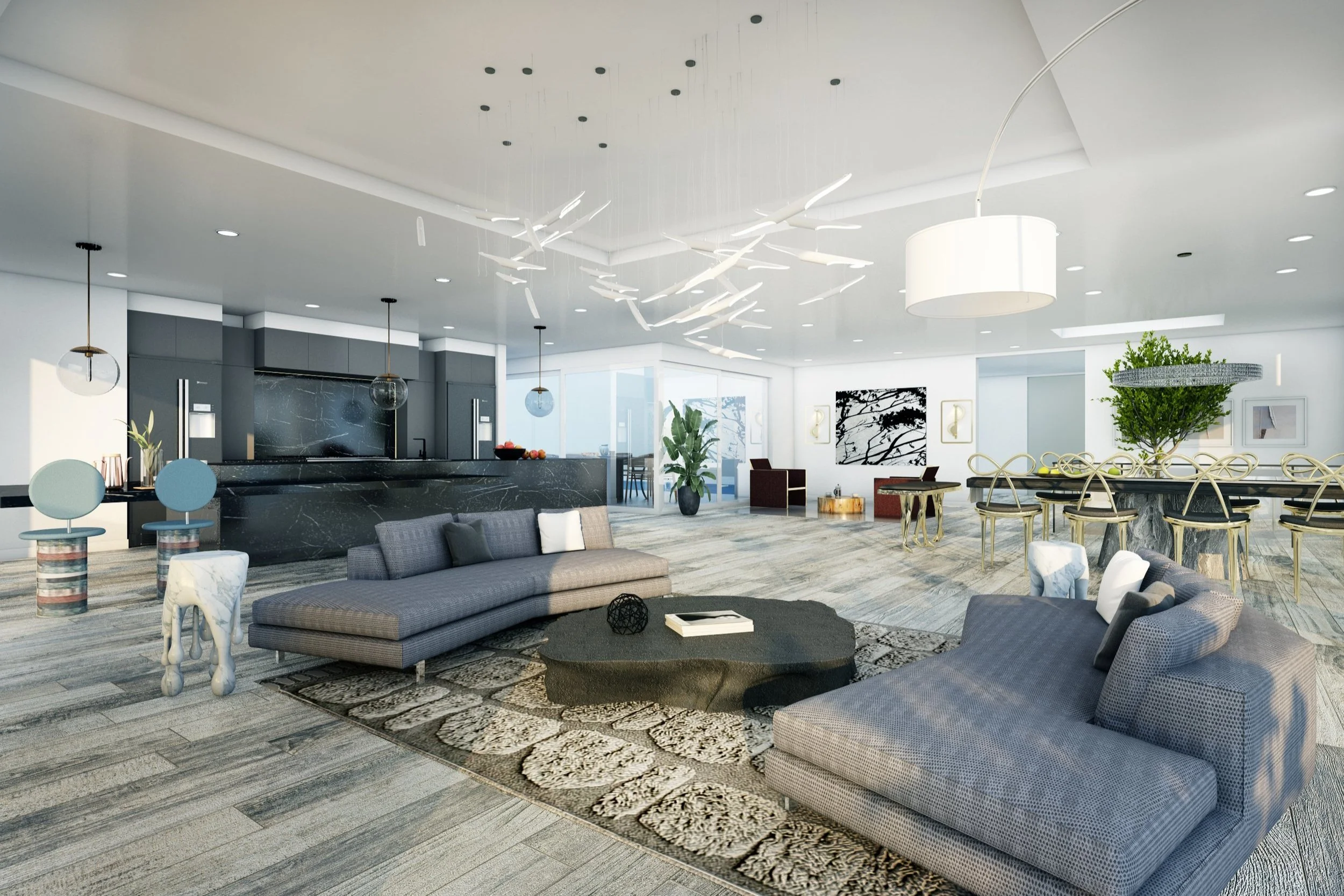 Modern open-concept living room and kitchen with gray sofas, a black marble island, artistic ceiling light fixture, and a bar area with gold chairs, along with plants and wall art.