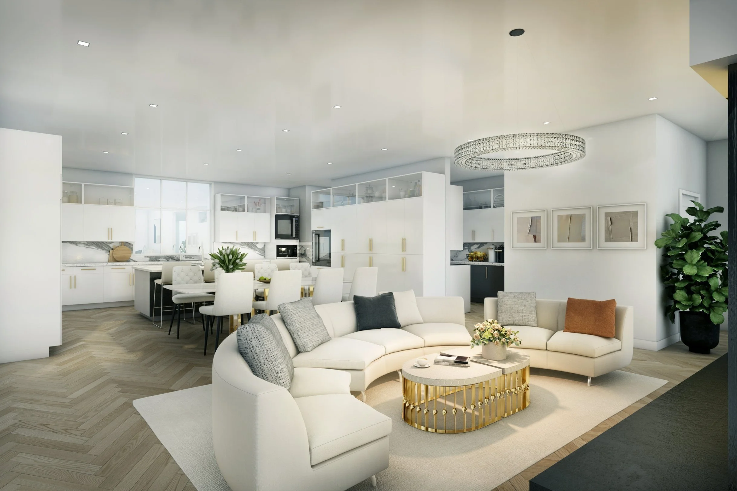 Modern open-concept kitchen and living room with white furniture, a dining table with chairs, a curved white sectional sofa with decorative pillows, a gold coffee table, artwork on the wall, and a large potted plant.