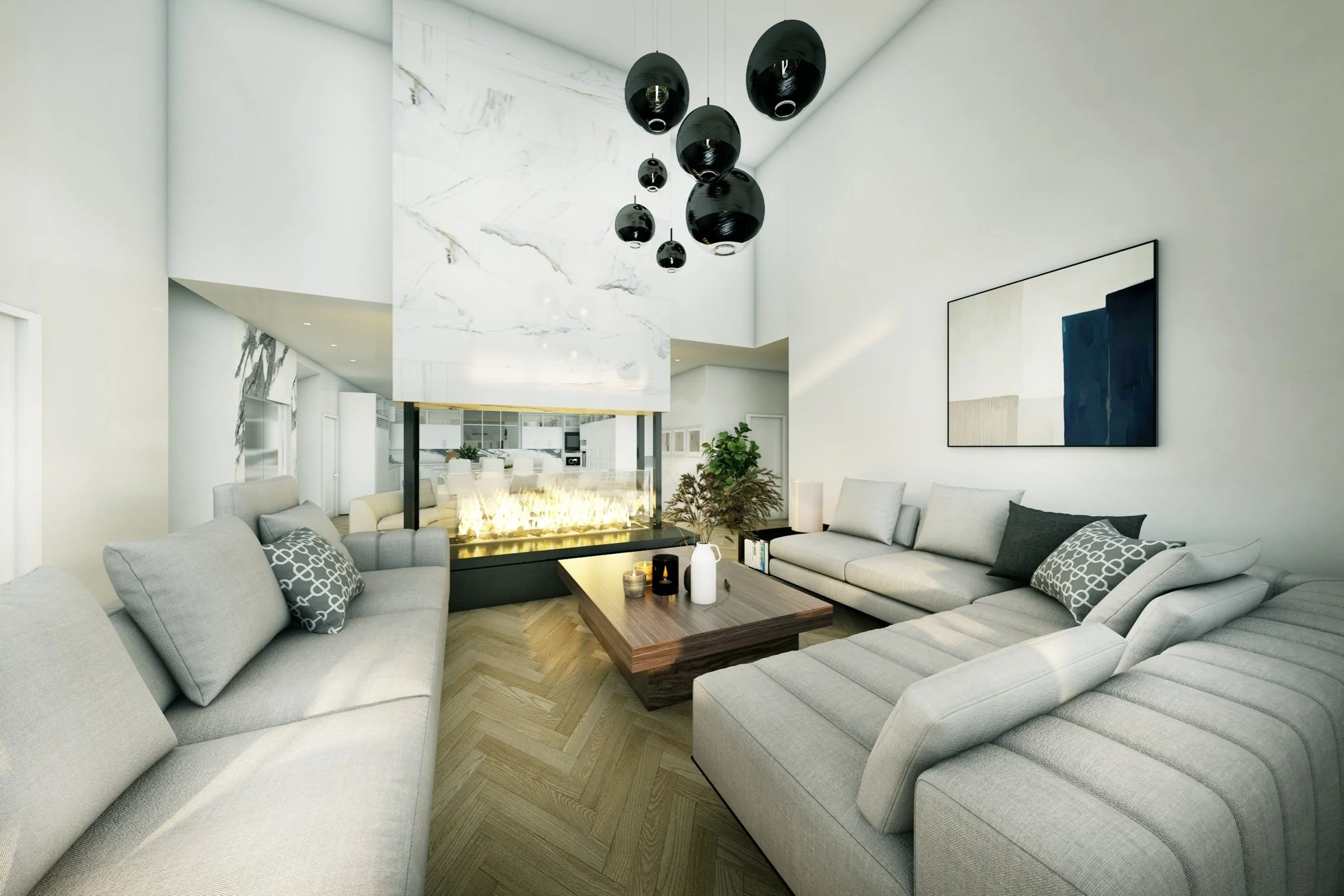 Modern living room with gray sofas, a wooden coffee table, abstract wall art, black pendant lights, and a fireplace with decorative lighting.