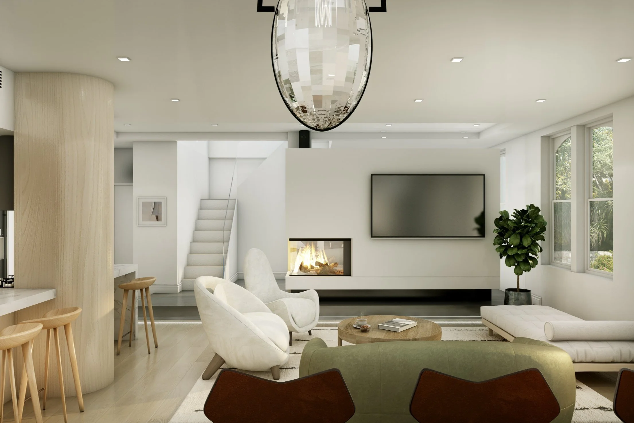 Modern living room with white walls, a fireplace, flat screen TV, large windows, and minimalist furniture including white chairs, a green sofa, and a wooden coffee table.