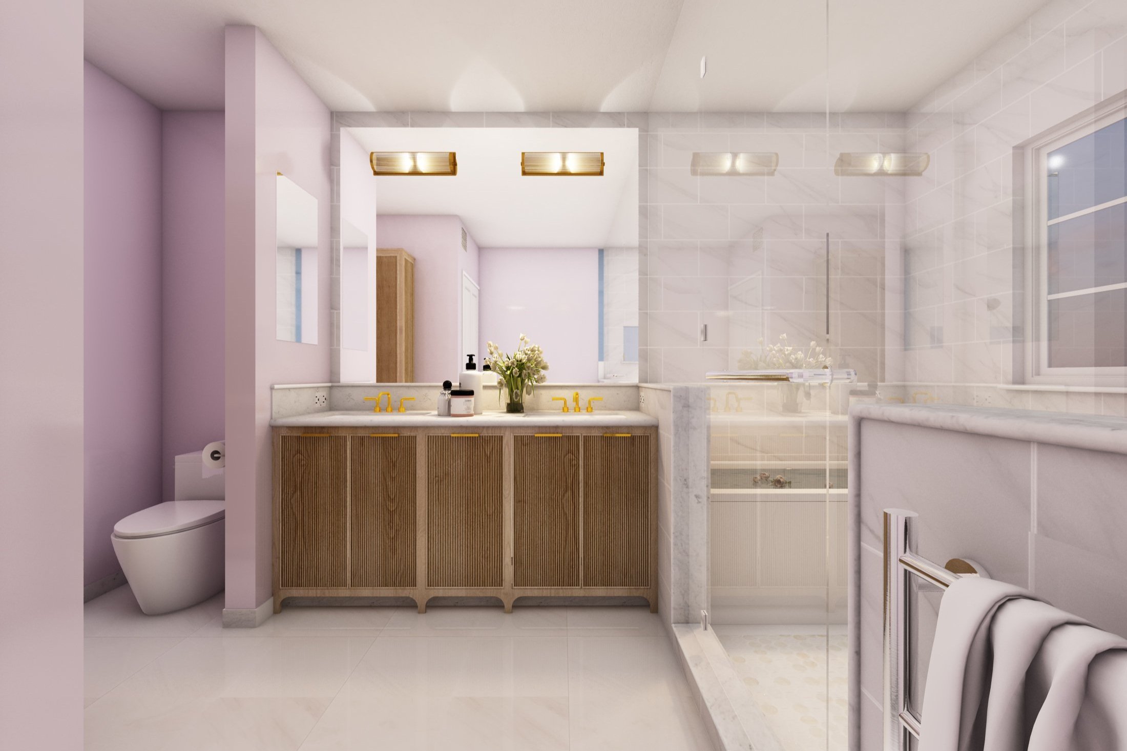 Modern bathroom with purple walls, double vanity with gold fixtures, large mirror, and built-in lighting. Includes toilet, flowers on the countertop, and a glass-enclosed shower with window.