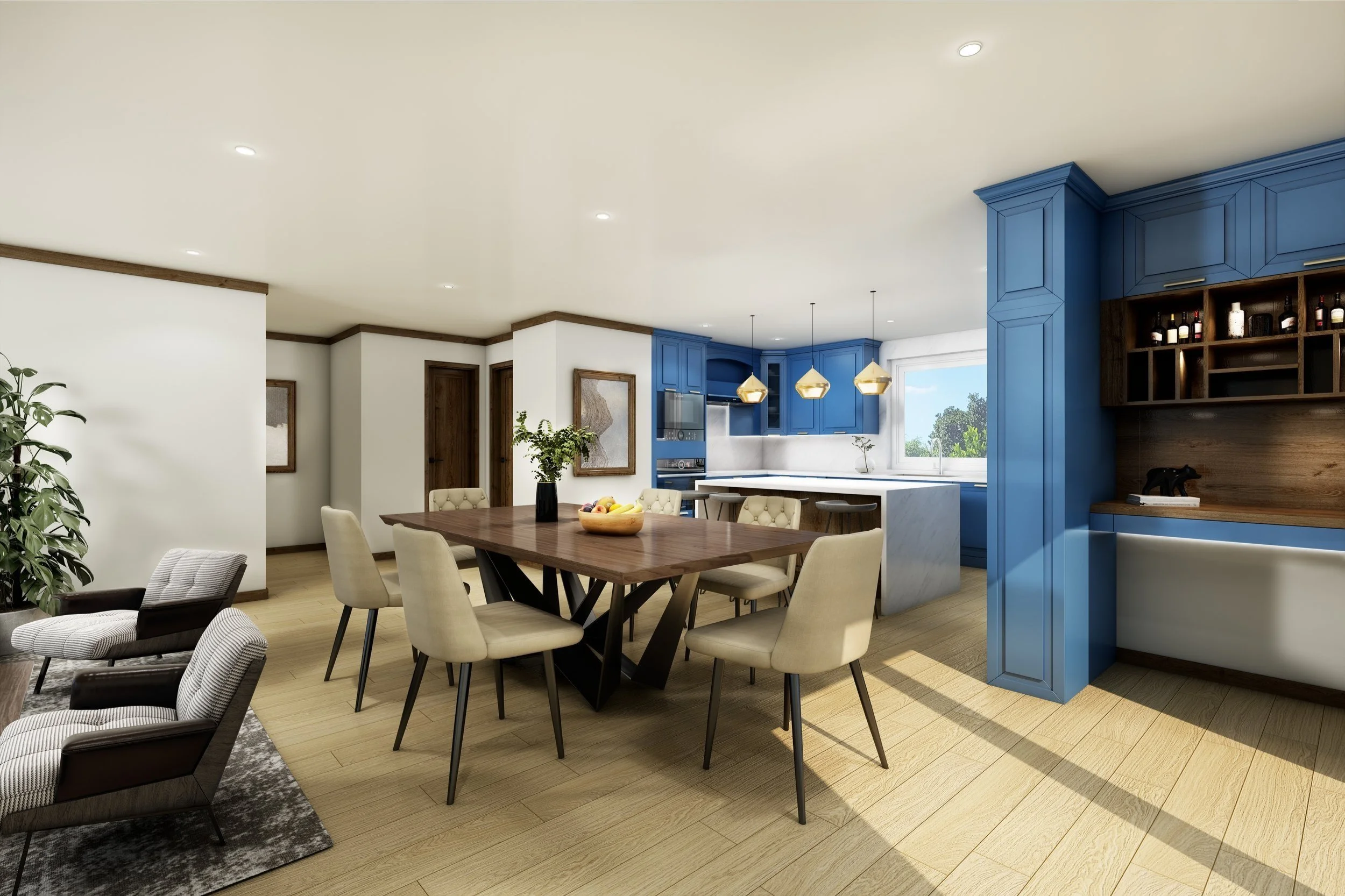 Open-concept kitchen and dining area with blue cabinets, white marble countertops, a wooden dining table with beige chairs, a window with a view of greenery, and light wood flooring.