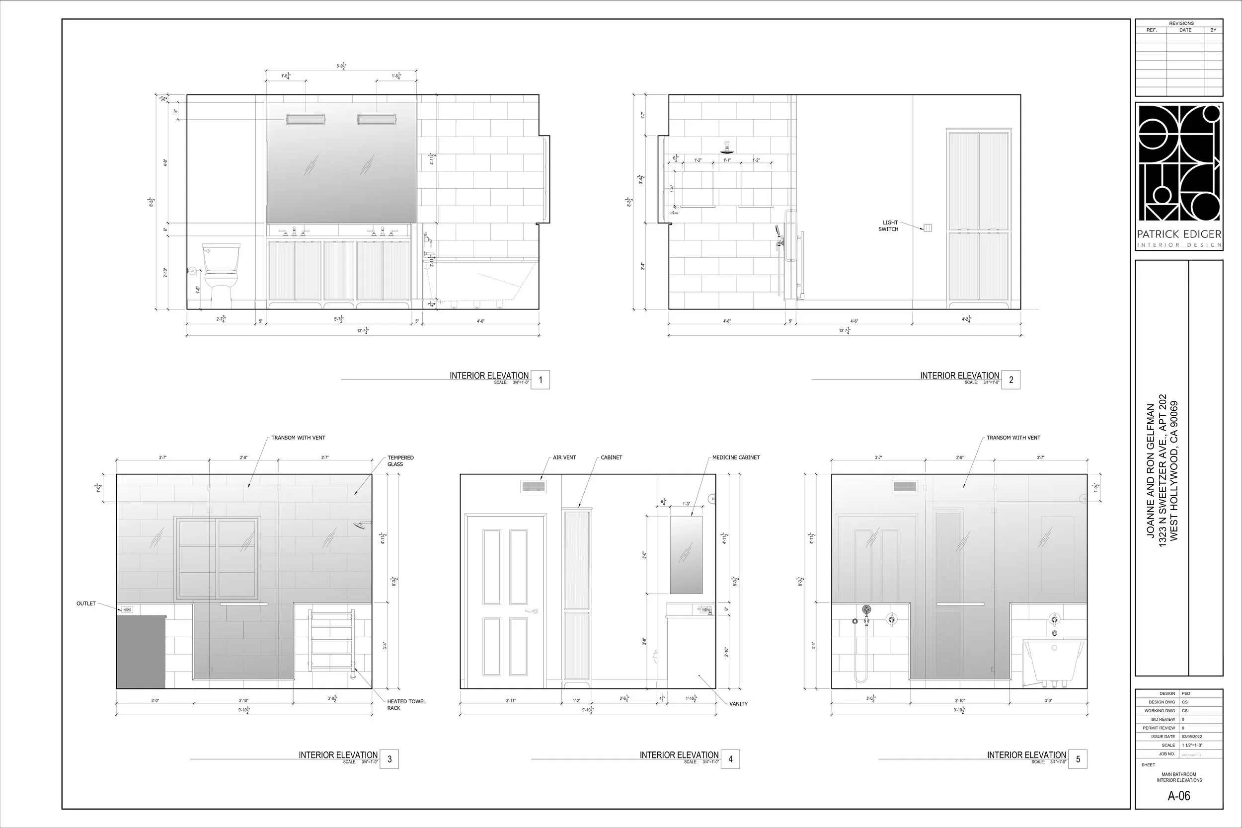Architectural plans for a bathroom interior, including elevations and measurements for vanity, mirror, toilet, sink, cabinets, and shower area.