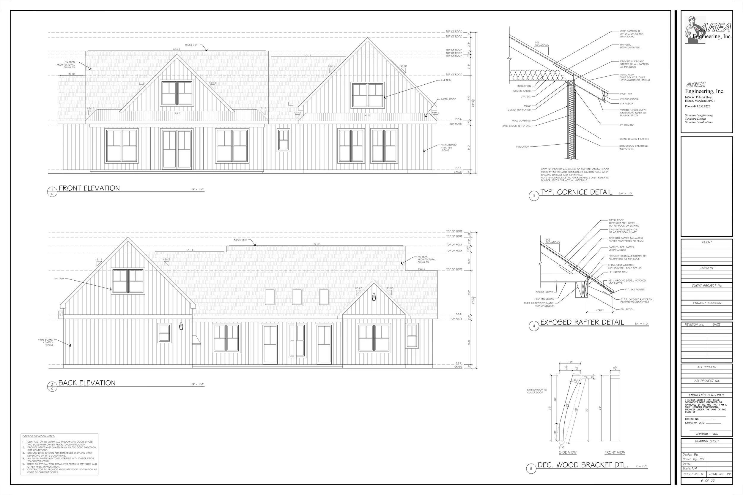 Architectural blueprint of a house front and back elevations, roof details, and construction specifications.