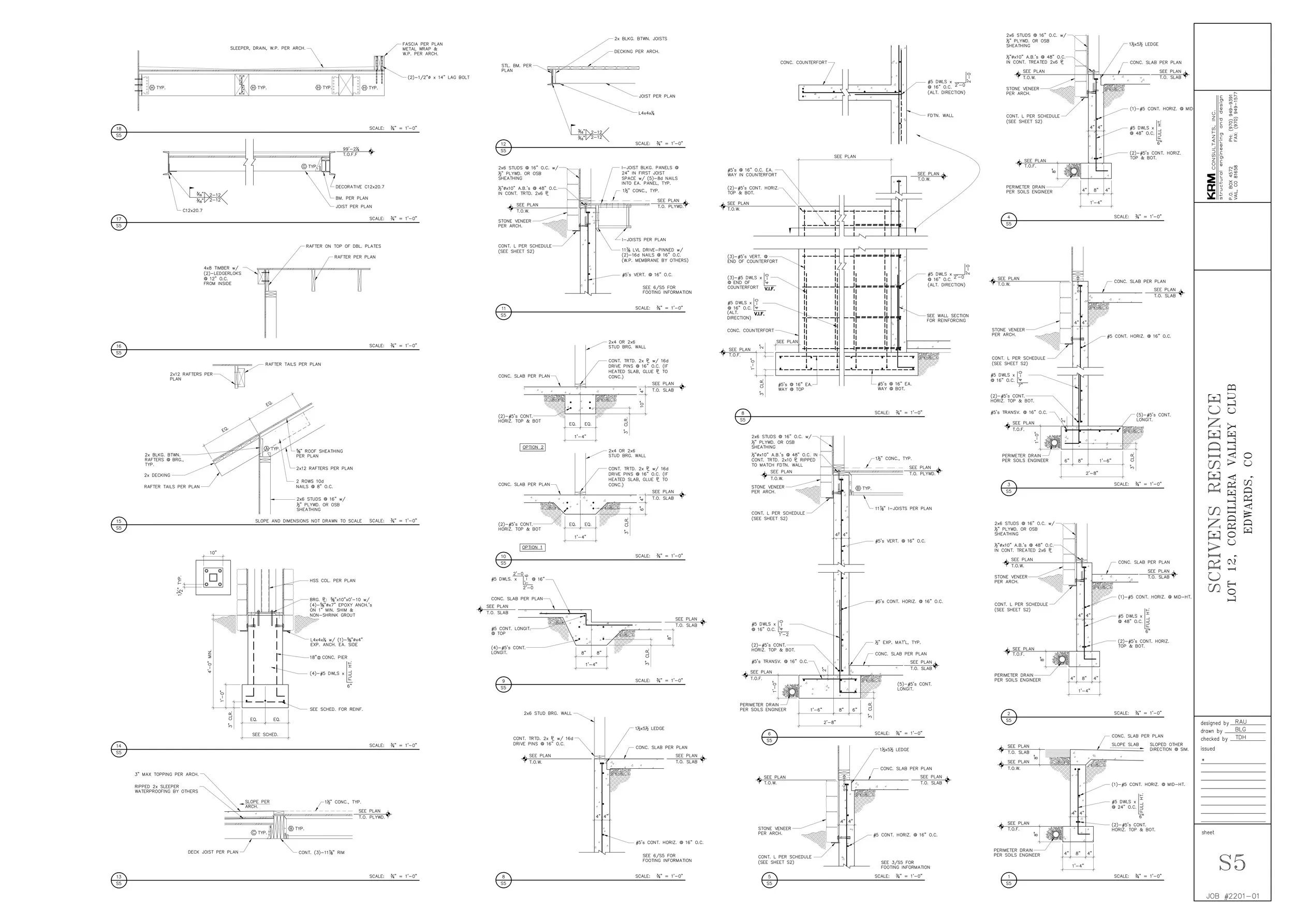 Detailed architectural construction blueprints for a residential project including sections, elevations, and foundation details.