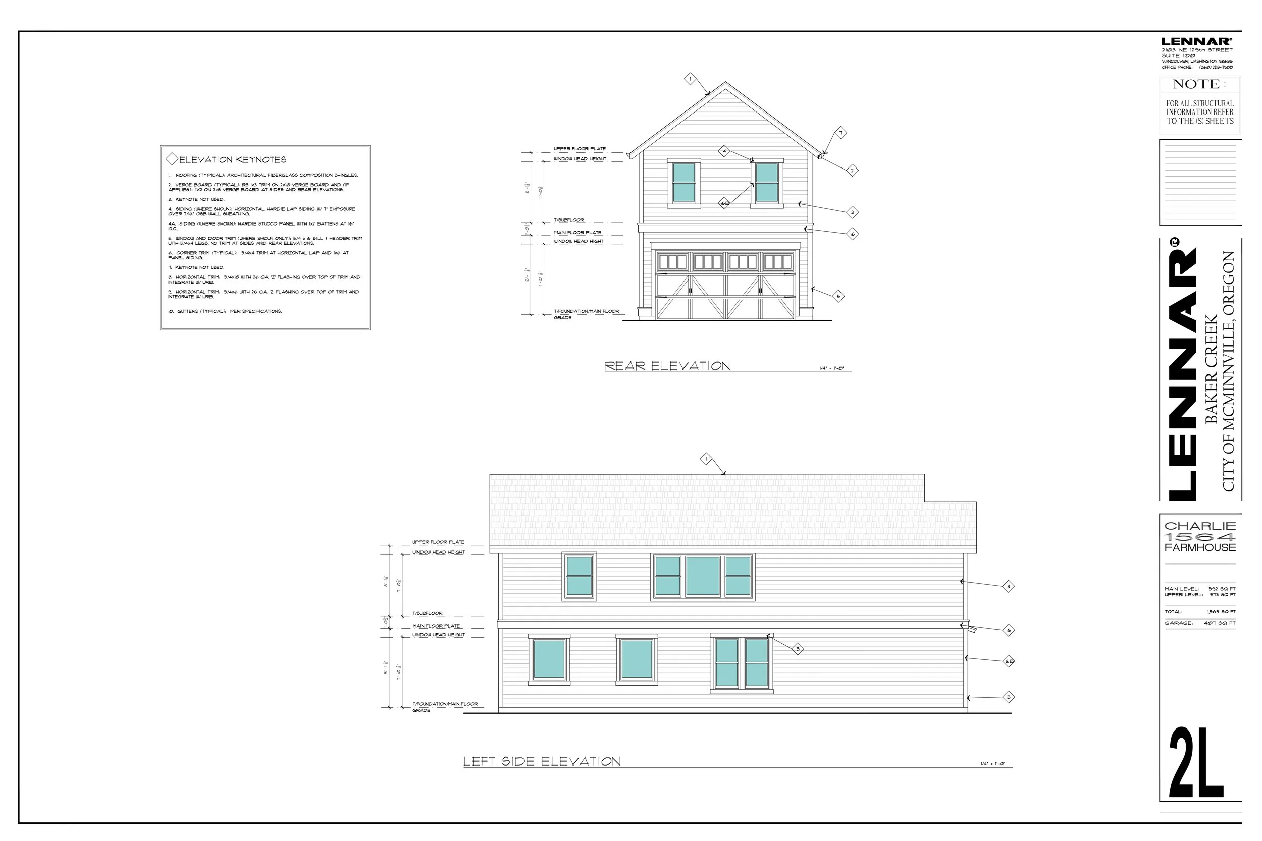 Architectural plan showing rear and left side elevation drawings of a farmhouse-style house with detailed measurements, window placements, and construction notes.