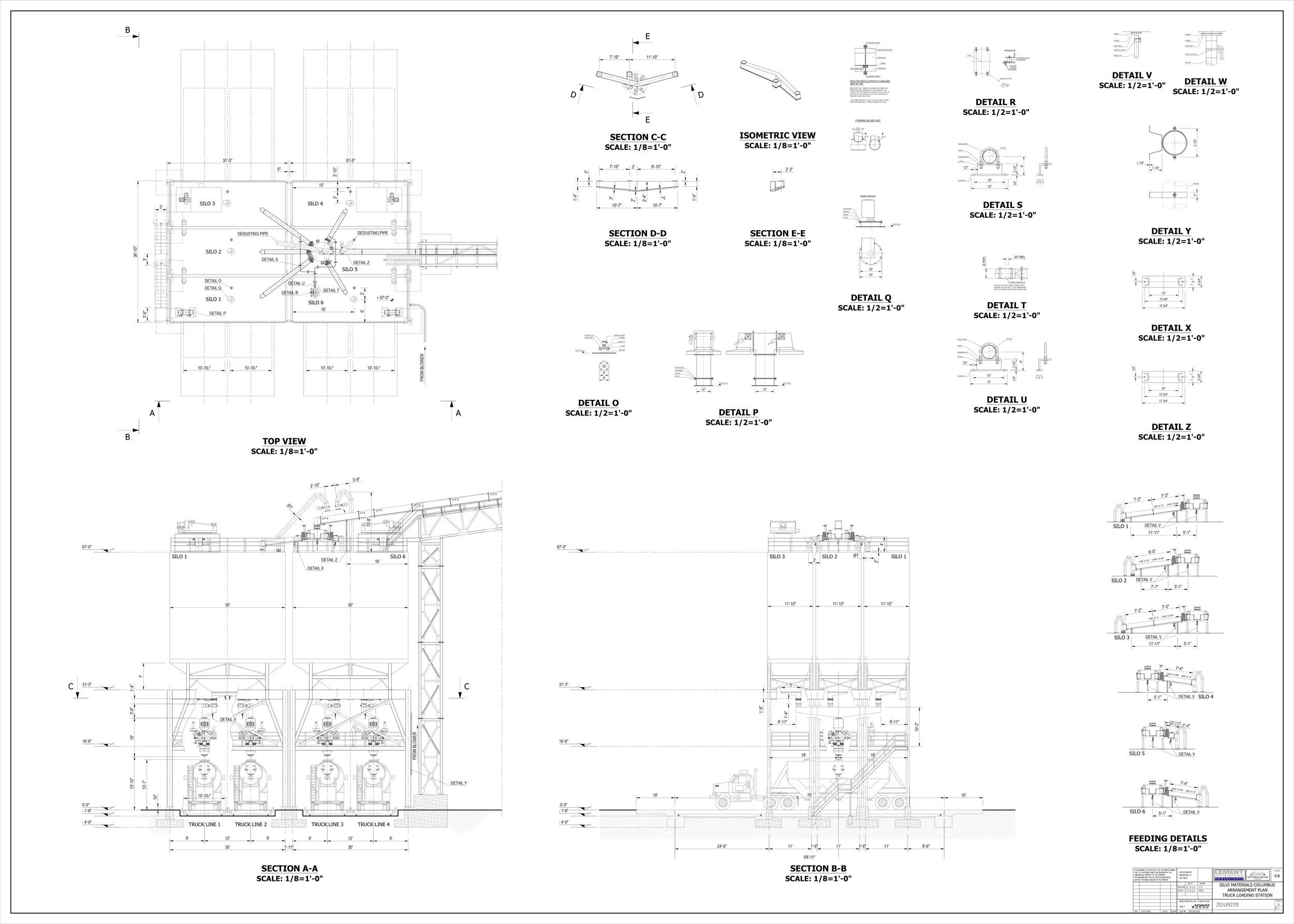 Engineering blueprint drawing of an industrial facility, including top view, sectional views, and detailed sketches of equipment and structural components with measurements.
