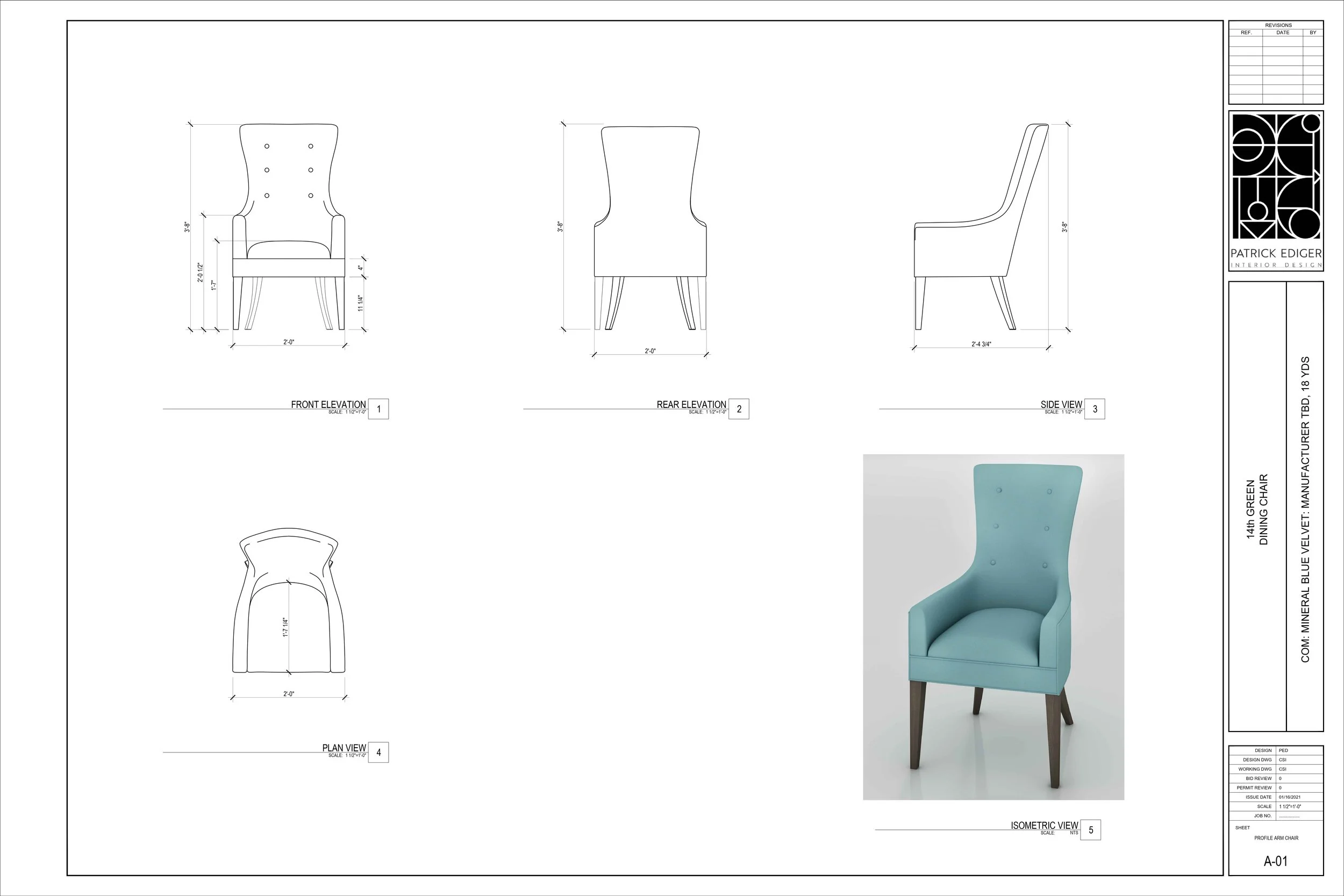 Blueprint drawing and a photo of a light blue upholstered dining chair with a high back, wooden legs, and button-tufted details on the backrest.