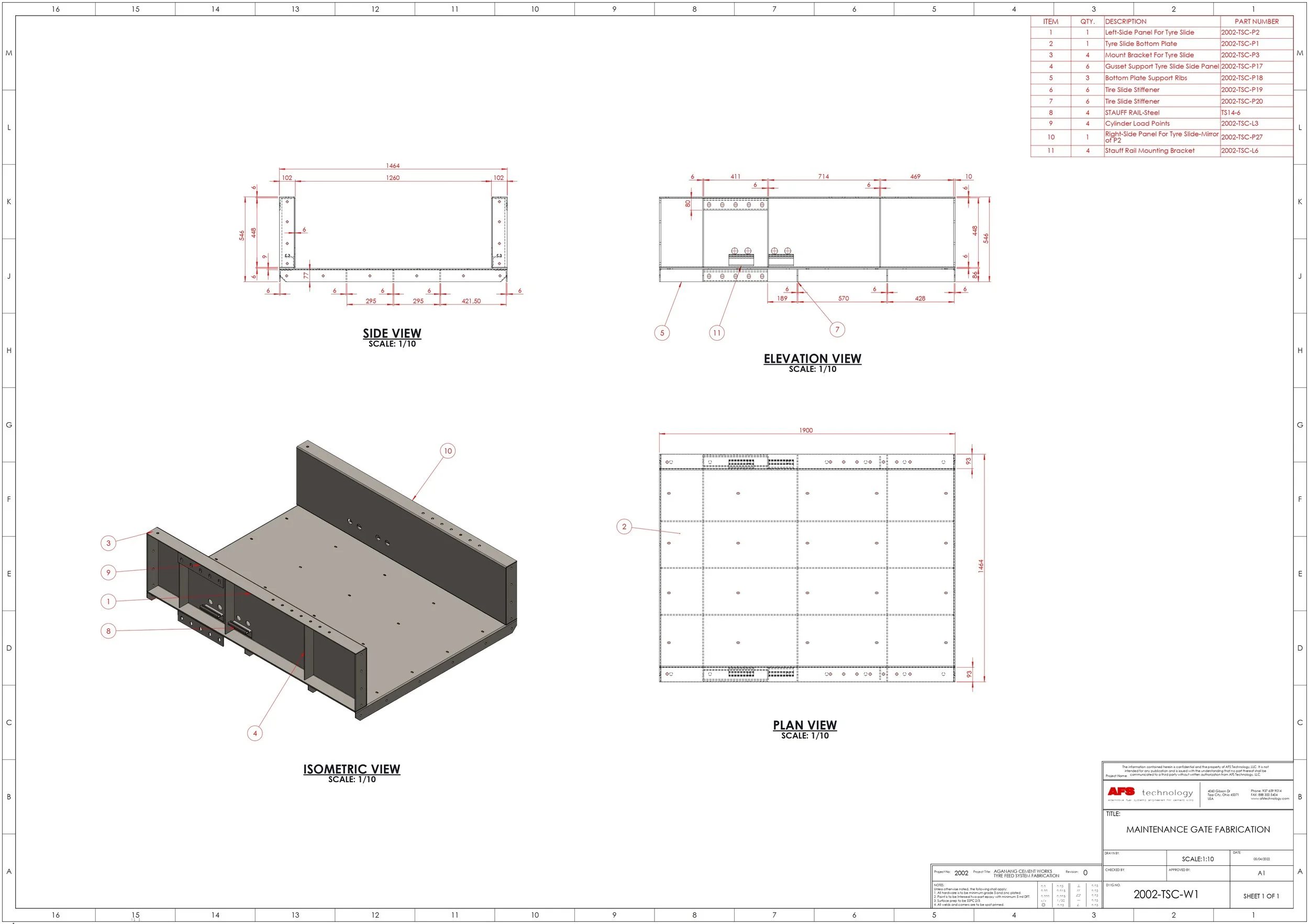 Detailed engineering drawing of a maintenance gate fabricated with multiple views including side, elevation, isometric, and plan views. The drawing shows dimensions in millimeters and identification of the parts used in the construction.