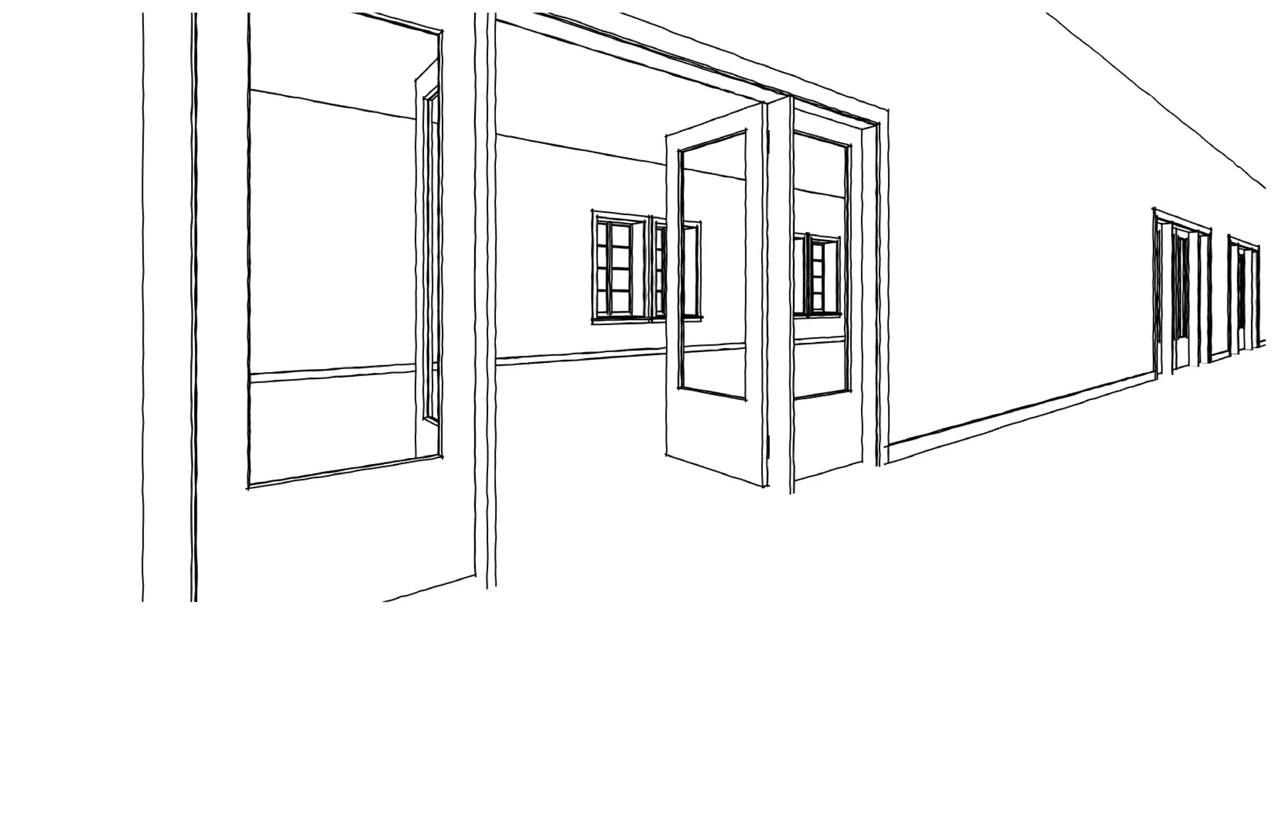 Line drawing of the interior hallway of a building with multiple doorways and windows.