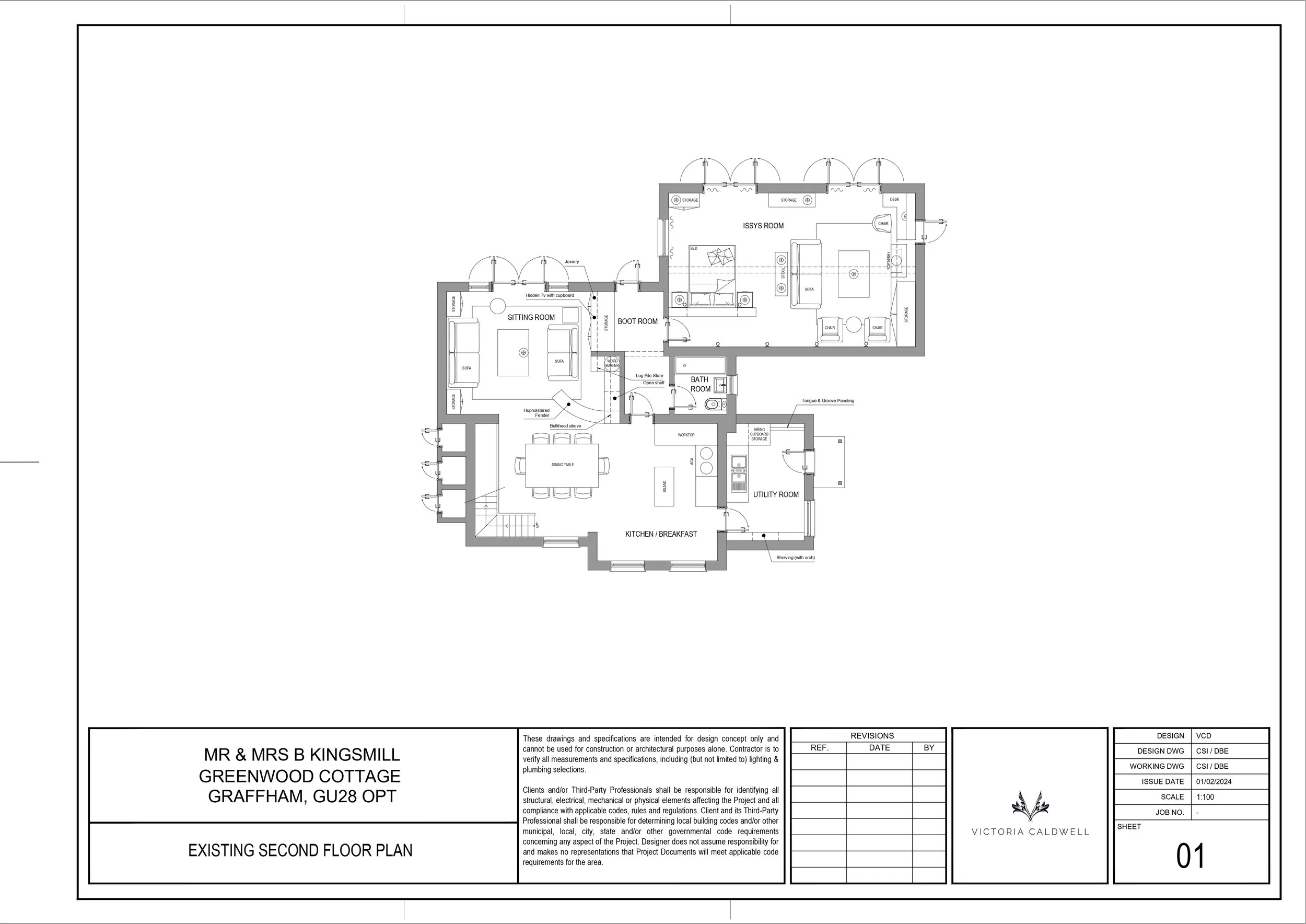 Second floor blueprint of Greenwood Cottage, showing rooms such as sitting room, kitchen/breakfast, utility room, bathroom, boot room, and issys room, with detailed architectural features and labels.