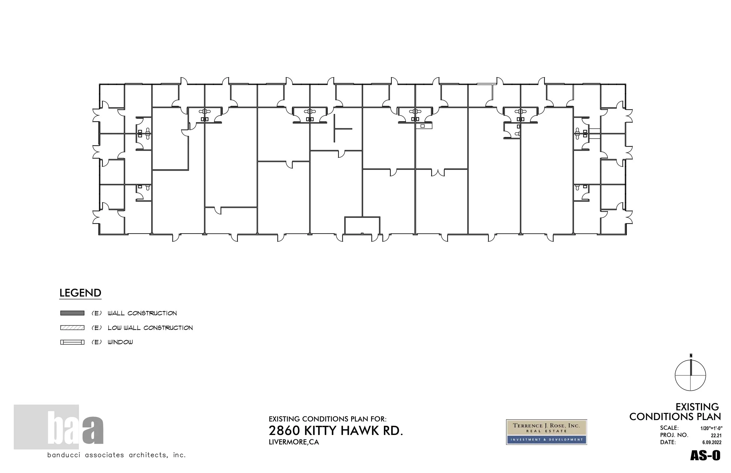 Floor plan of a building for 2860 Kitty Hawk Rd., Livermore, CA, showing room layouts, windows, and wall types with a legend and a north compass.