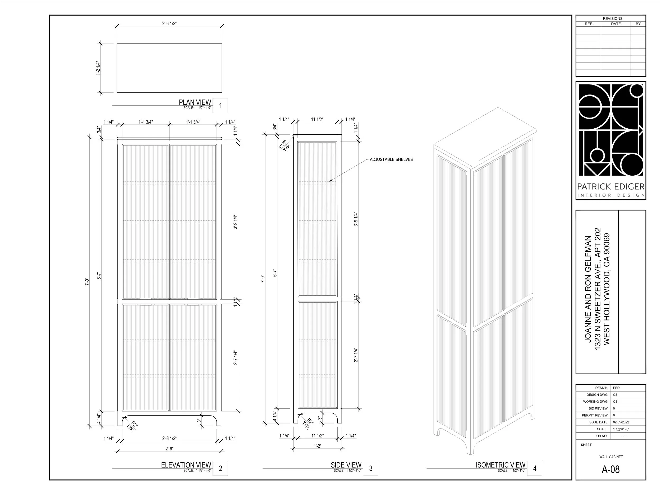 Technical drawing of a wall cabinet, showing plan, elevation, side, and isometric views with detailed measurements. Includes notes about adjustable shelves and a logo for Patrick Ediger Interior Design.