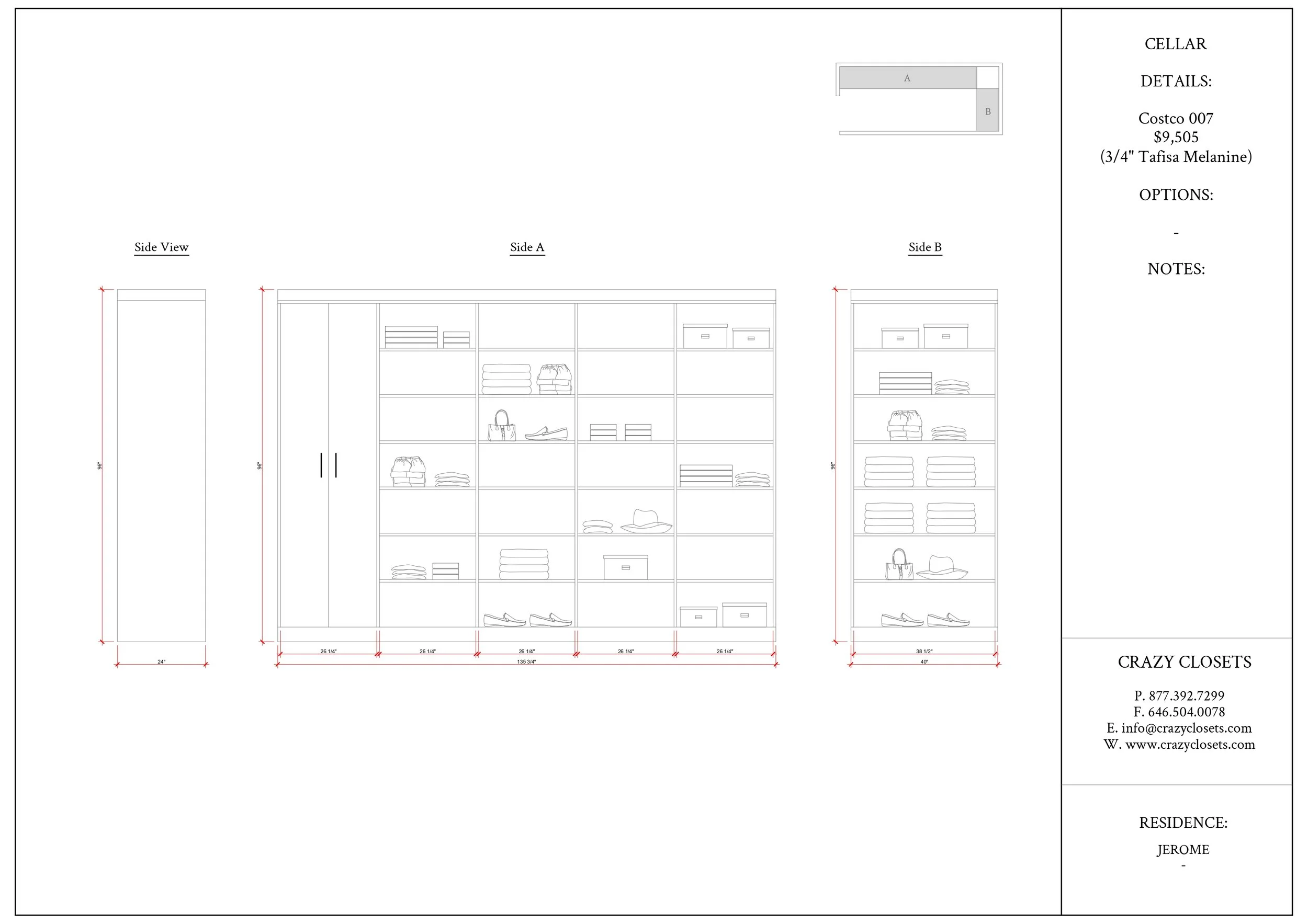 Blueprint drawing of a closet with side views labeled as side view, side A, and side B, showing dimensions and shelving details, along with a smaller top view of the closet layout.