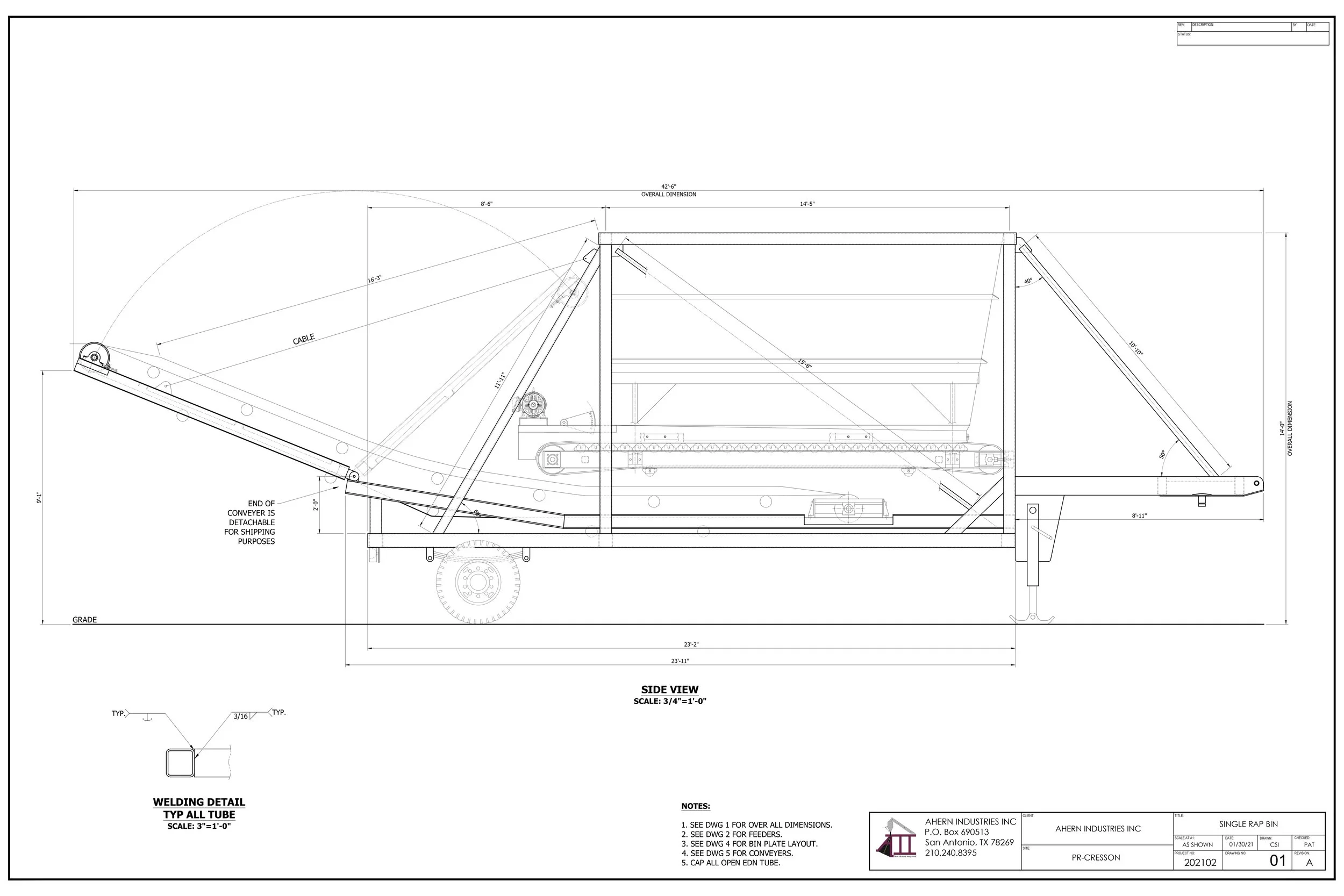 Technical drawing of a side view of a single rap bin, showing detailed measurements and specifications for construction or fabrication.