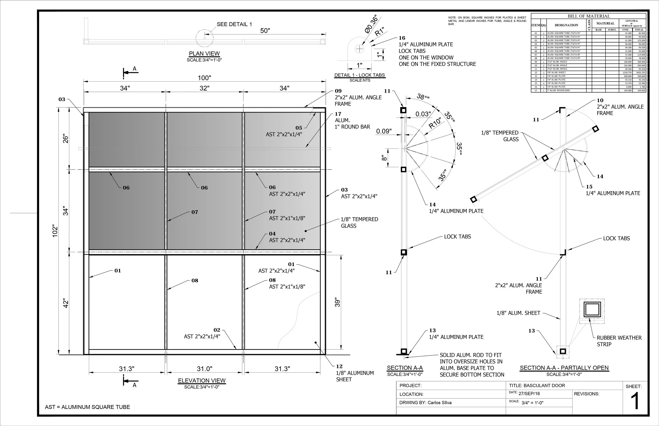 Technical drawing of a door with detailed measurements, materials, and construction specifications, including aluminum, tempered glass, and lock tabs.