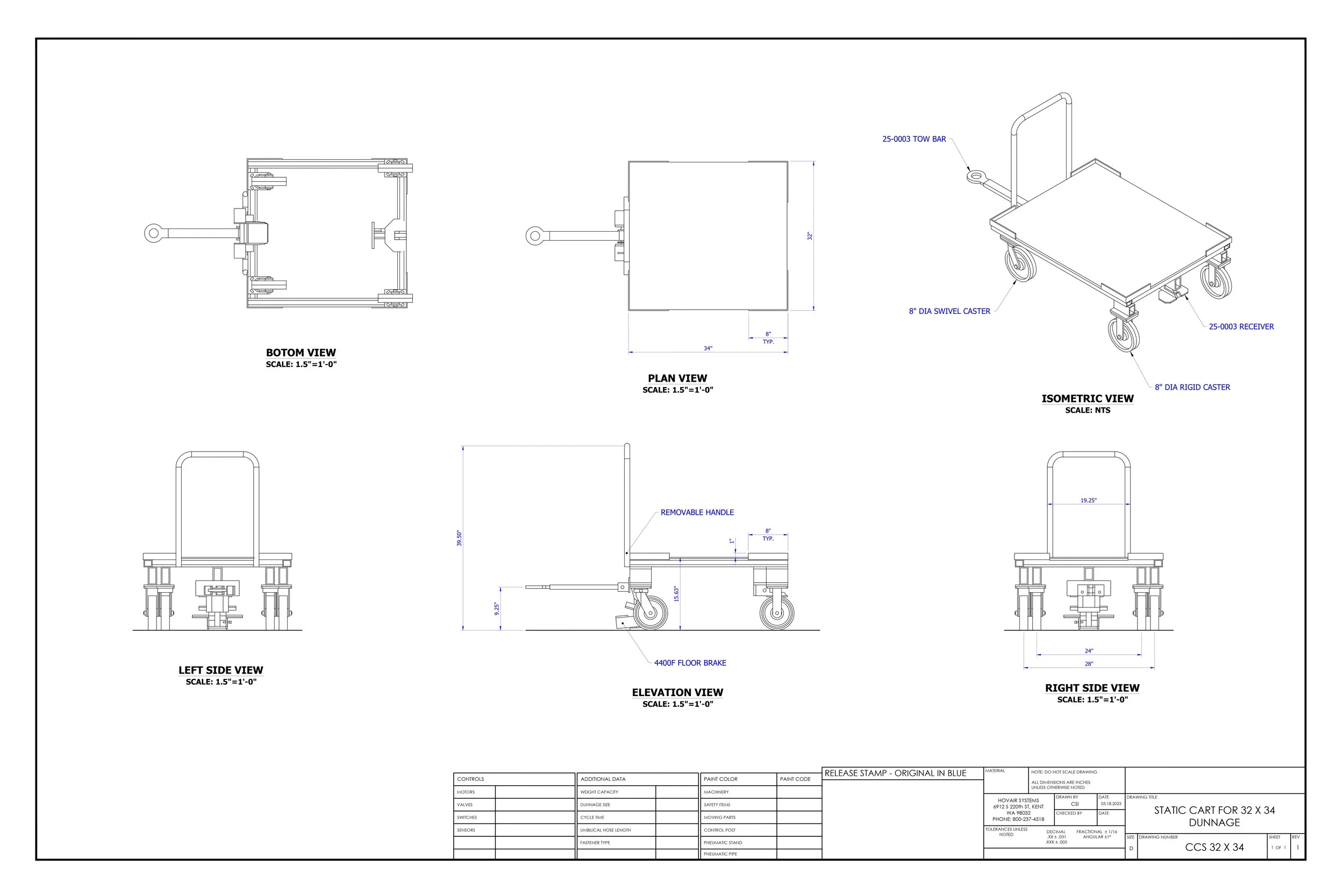 Technical engineering drawing of a flatbed cart with detailed views, dimensions, and labels, including side, top, bottom, elevation, and isometric views.