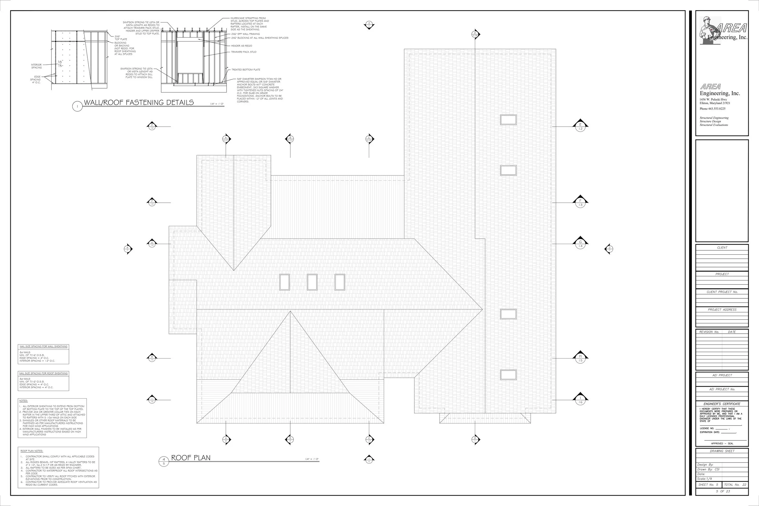 Architectural blueprint of a house roof plan, showing detailed roof layout with measurements and construction details.